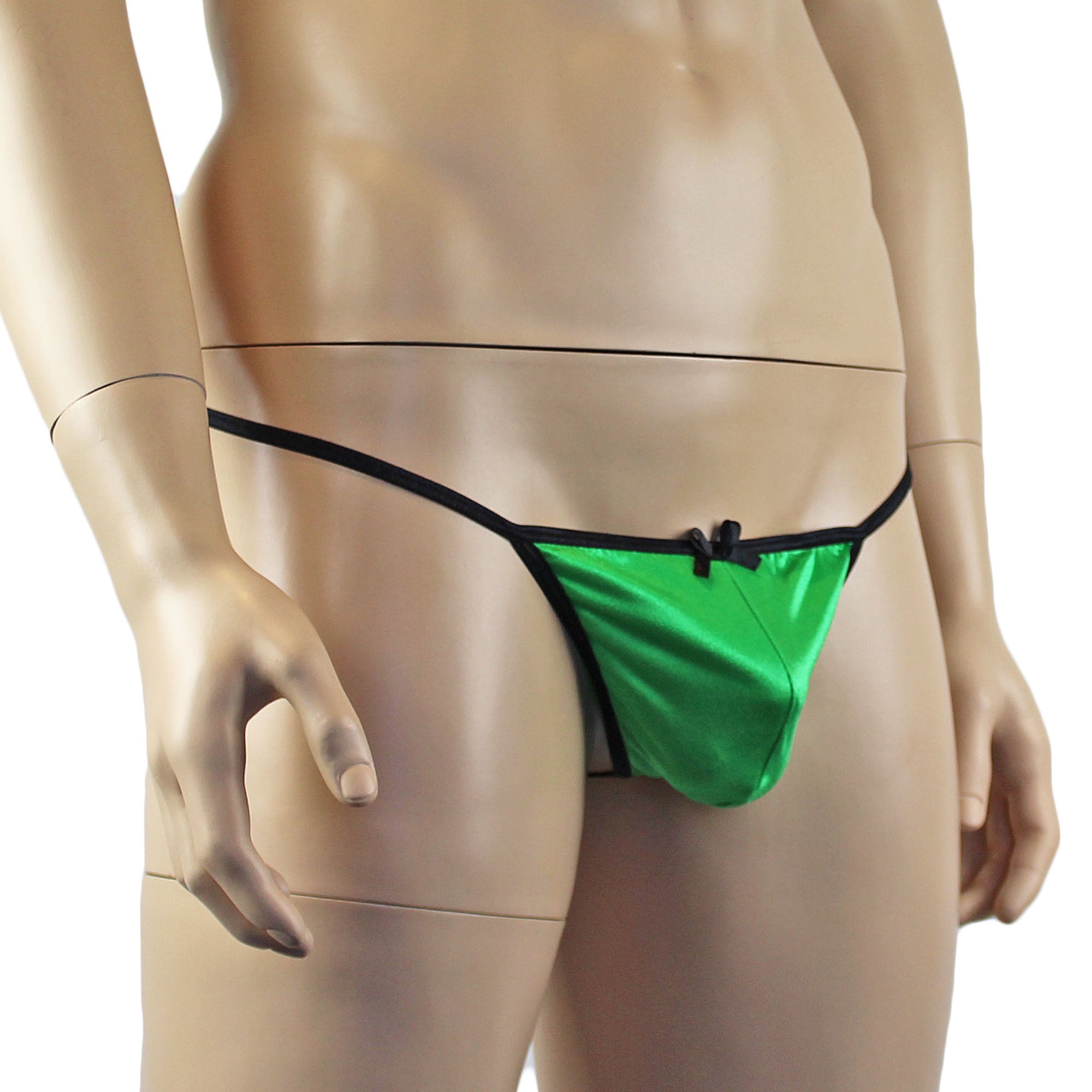 Mens Jenny Shiny Spandex Pouch G string with Bow Neon Green & Black