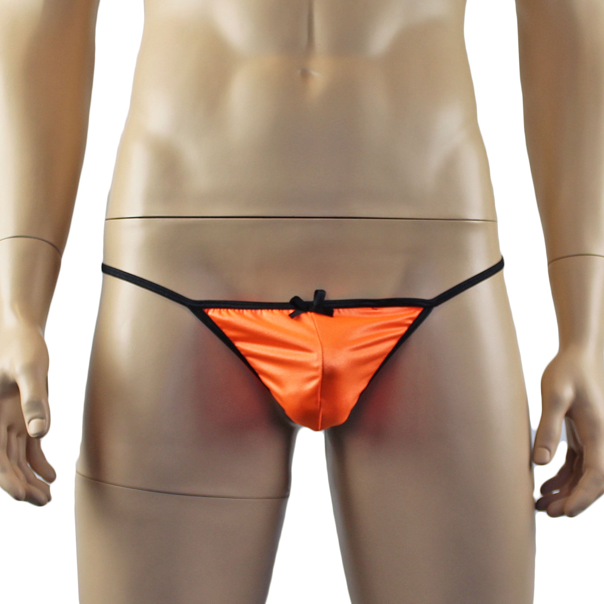 Mens Jenny Shiny Spandex Bra Top, G string and Garterbelt Lingerie Orange & Black