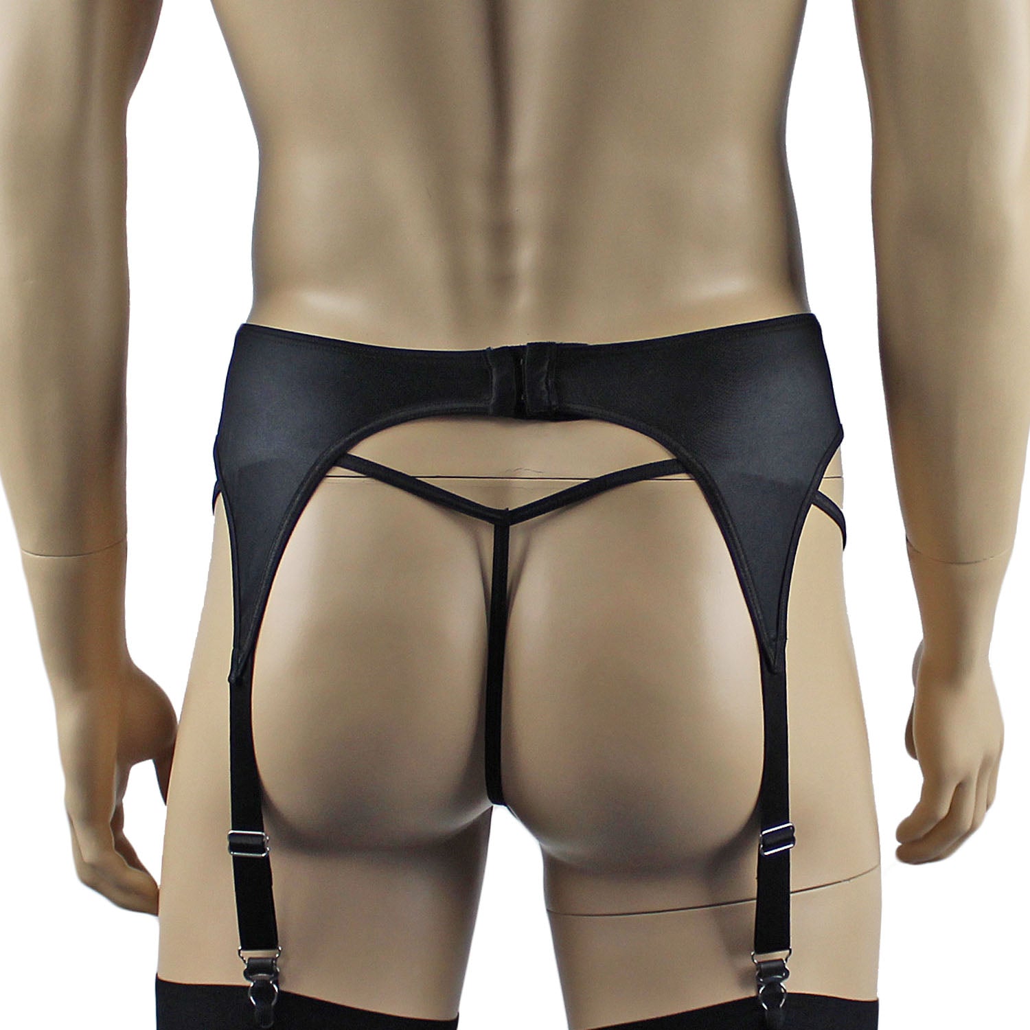 Mens Jenny Shiny Spandex Bra Top, G string and Garterbelt Lingerie Black