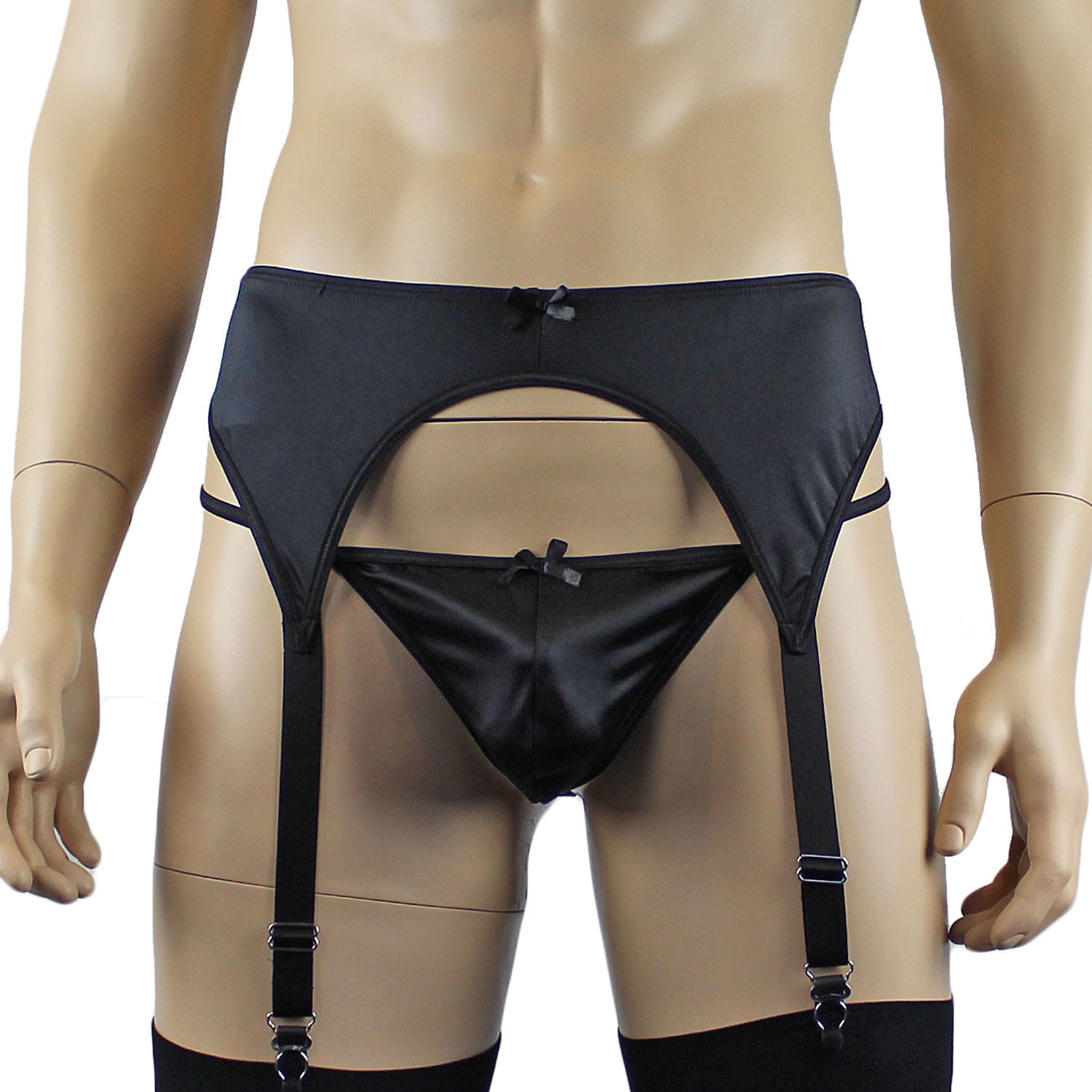 Mens Jenny Shiny Spandex Bra Top, G string and Garterbelt Lingerie Black