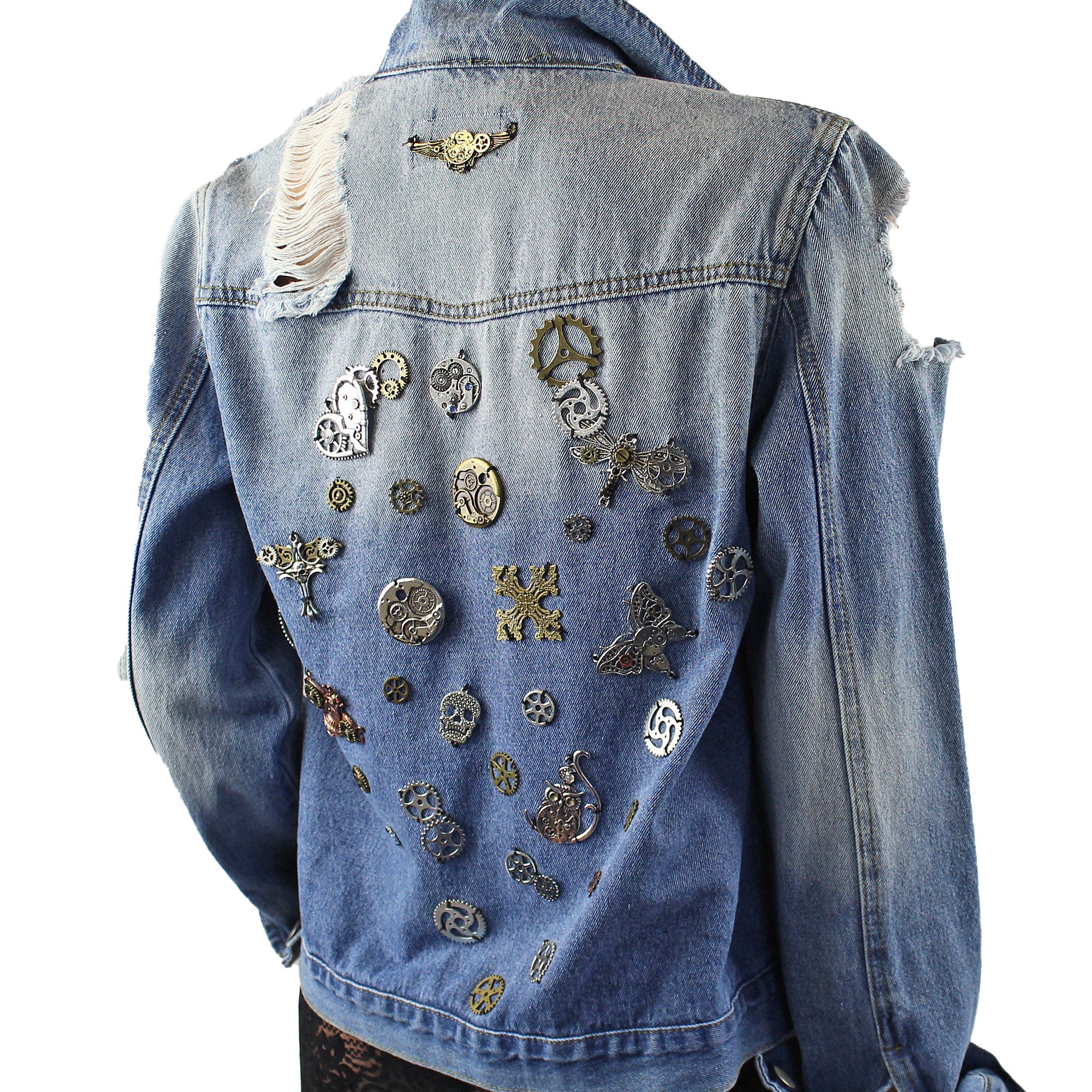 Jenni Re-Designed Denim Jacket with Metal Streampunk Embellishments & Distressed Look