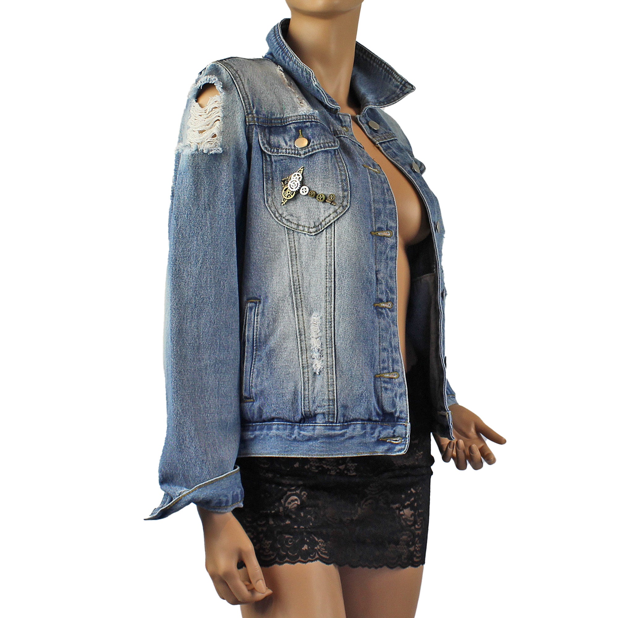 Jenni Re-Designed Denim Jacket with Metal Streampunk Embellishments & Distressed Look