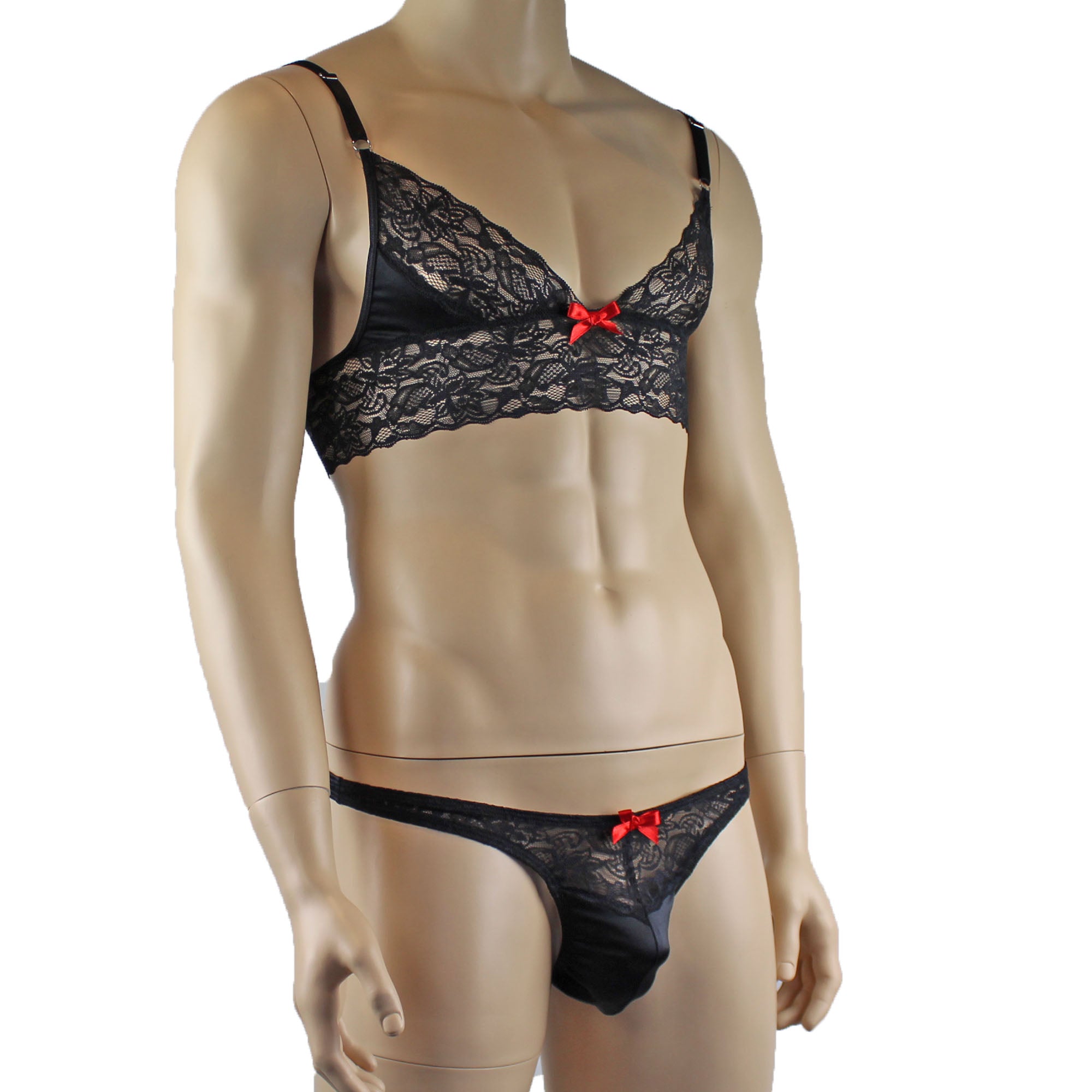 Mens Joanne Lace Bra Top Lingerie and Thong for Men Black and Black Lace