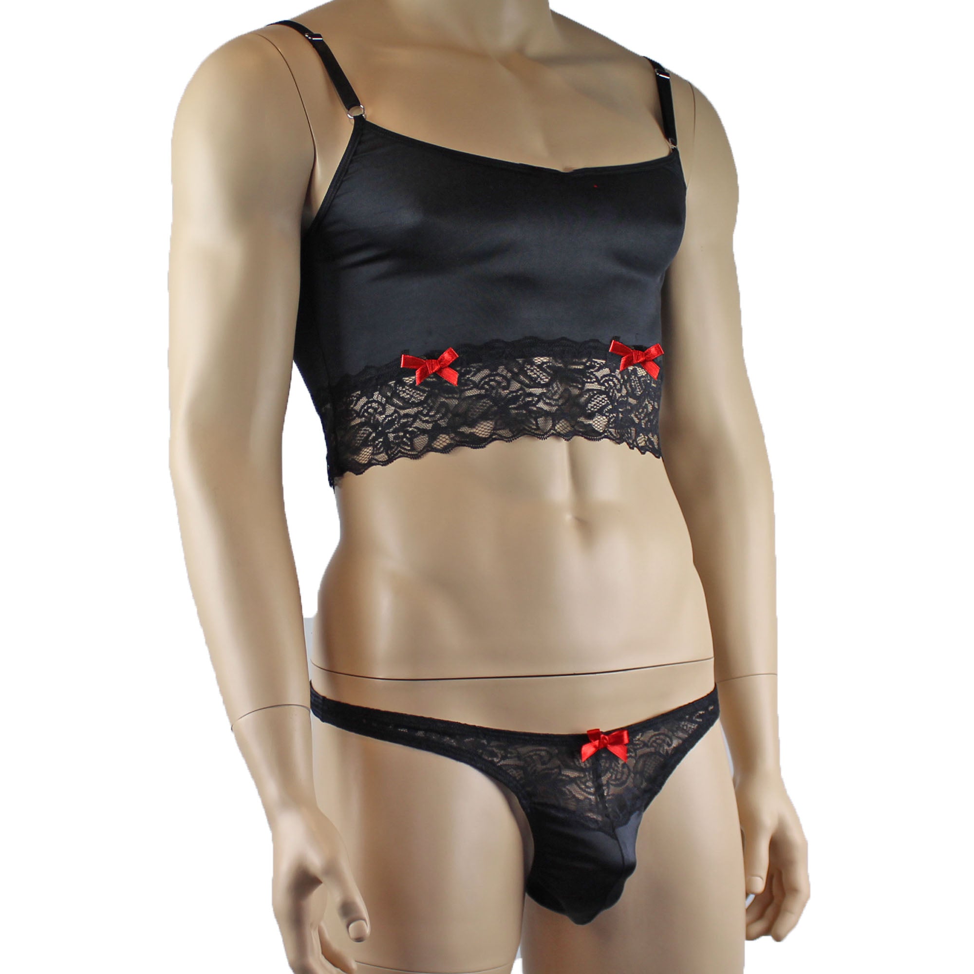 Mens Joanne Satin & Lace Crop Cami Top with Sexy Thong - Sizes up to 3XL Black and Black Lace