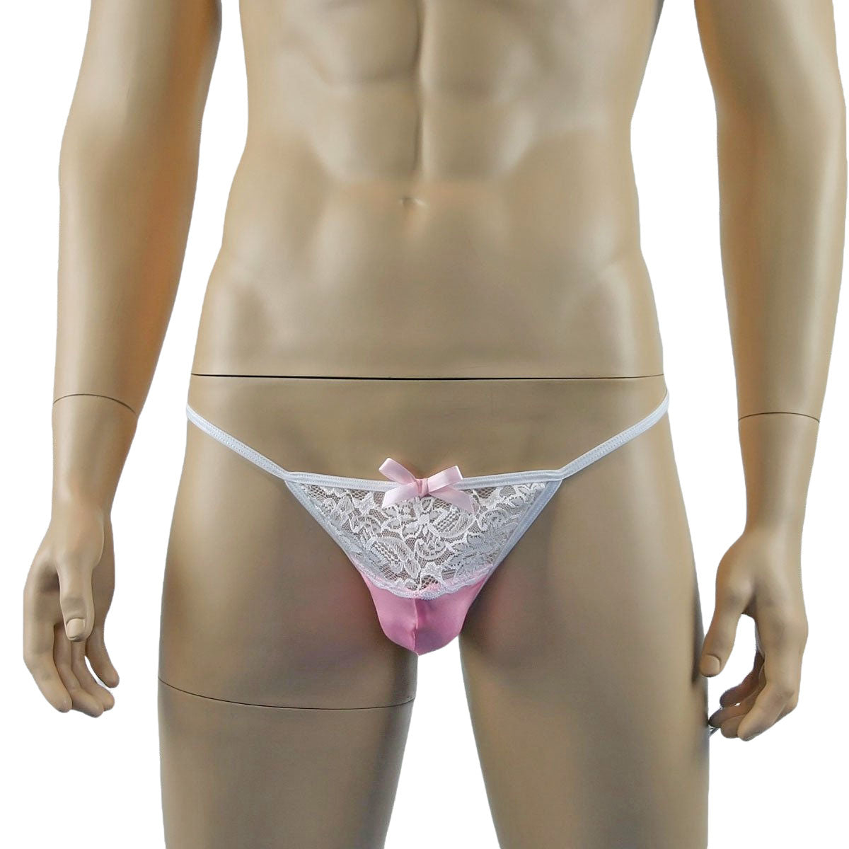 Mens Joanne Lacey G string with Bow Light Pink and White Lace