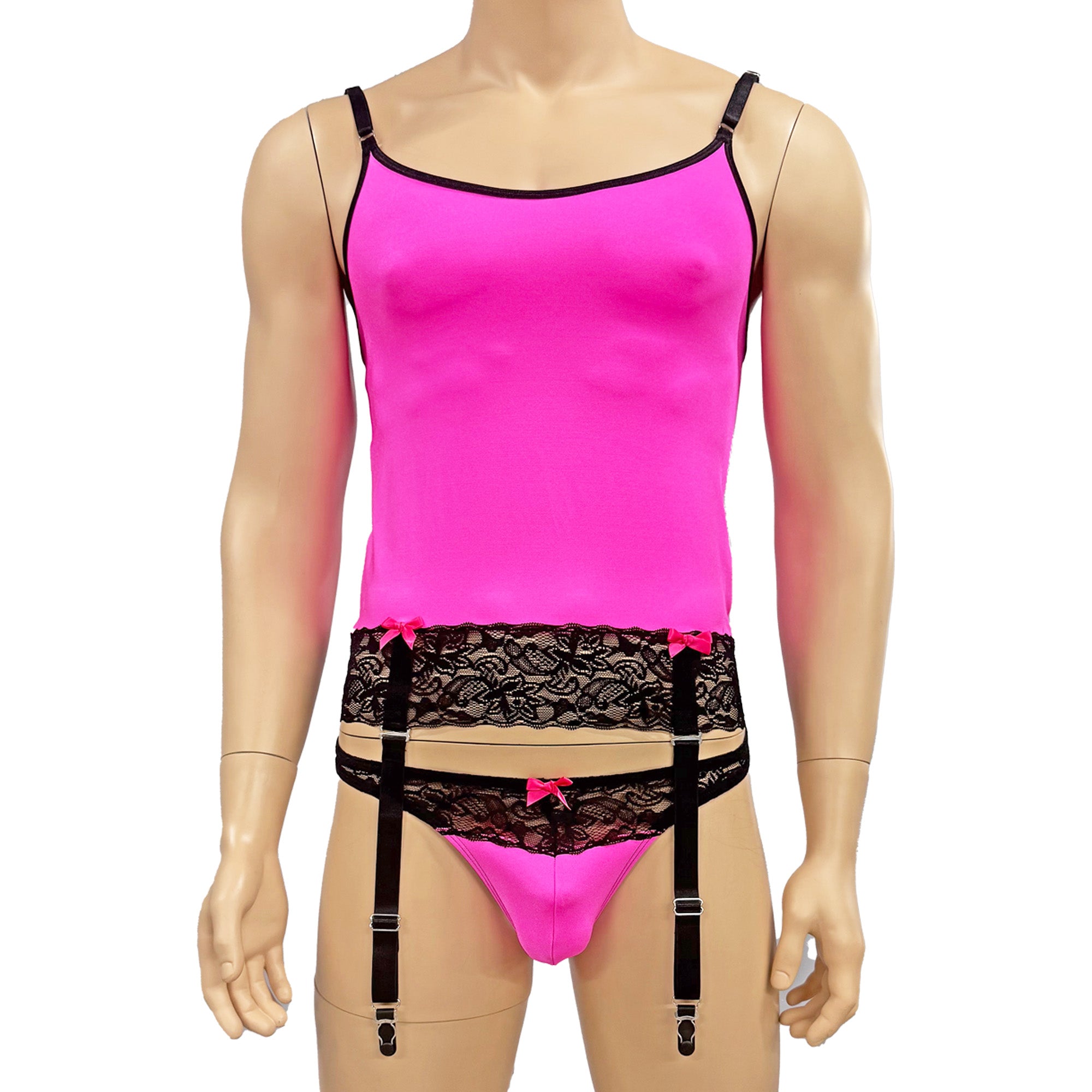 Mens Joanne Camisole Bustier Garter Top with Thong & Stockings - Sizes up to 3XL Hot Pink and Black Lace