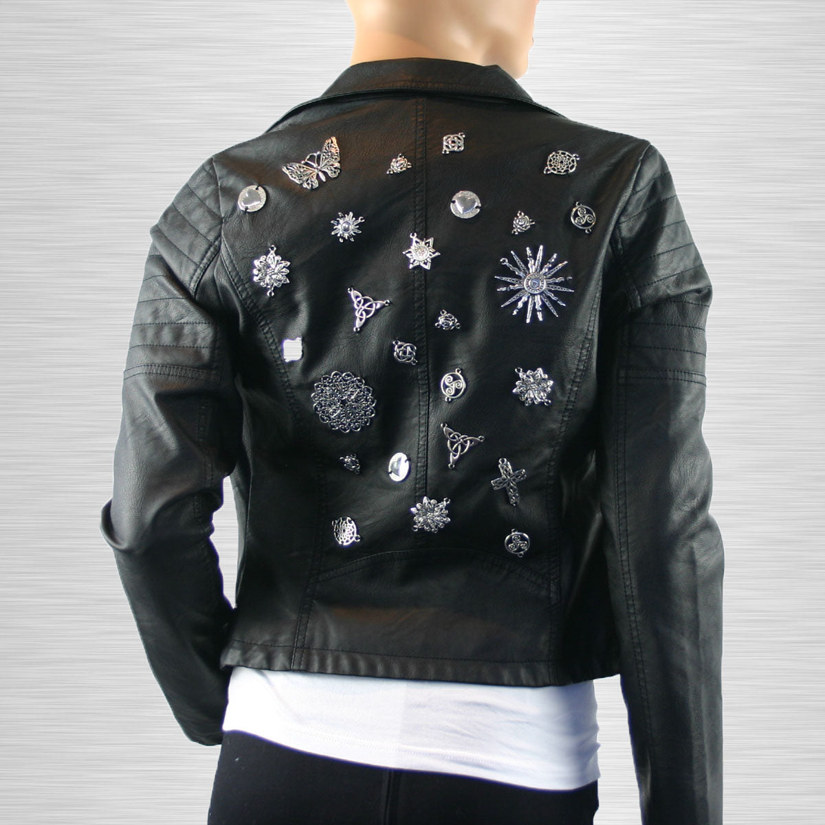 Krissy Re-Designed Faux Leather Biker Jacket with Metal Embellishments
