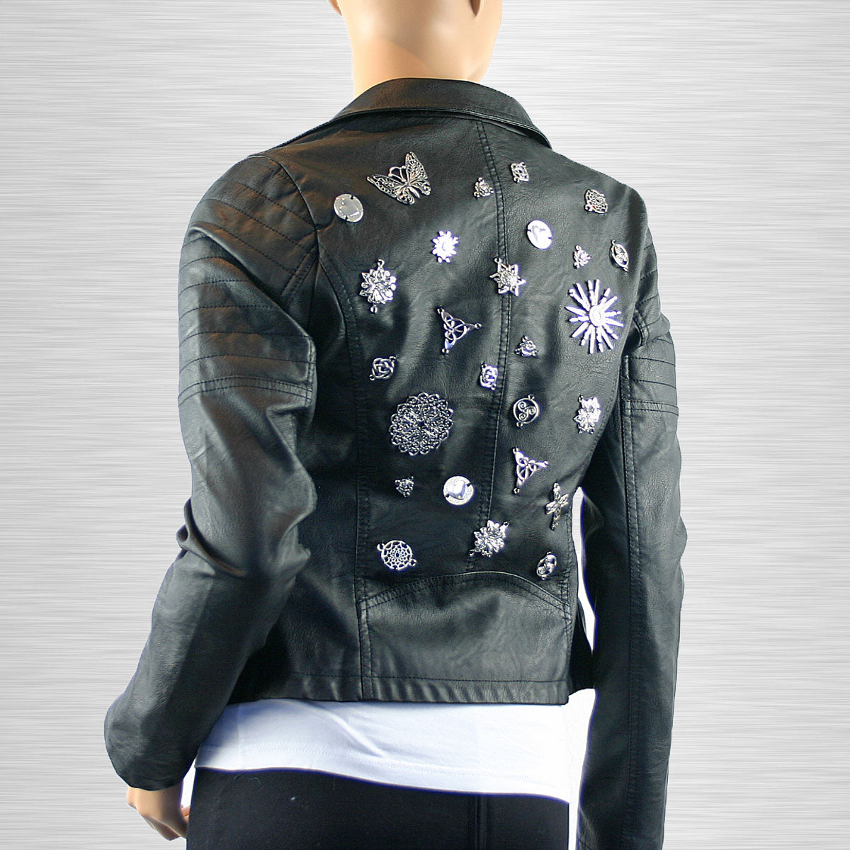 Krissy Re-Designed Faux Leather Biker Jacket with Metal Embellishments