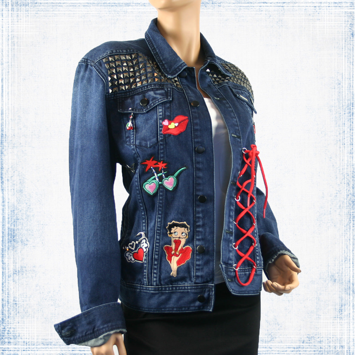 Lexie Re-Designed Retro Denim Jacket with Lace, Patches, Sexy Lacing & Distressed Look