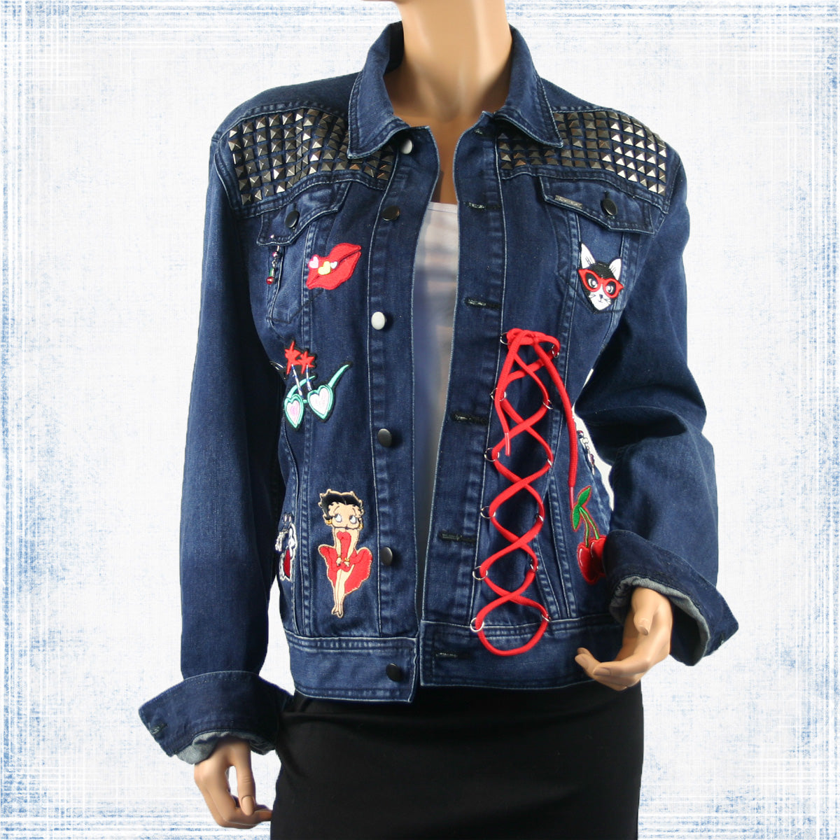 Lexie Re-Designed Retro Denim Jacket with Lace, Patches, Sexy Lacing & Distressed Look