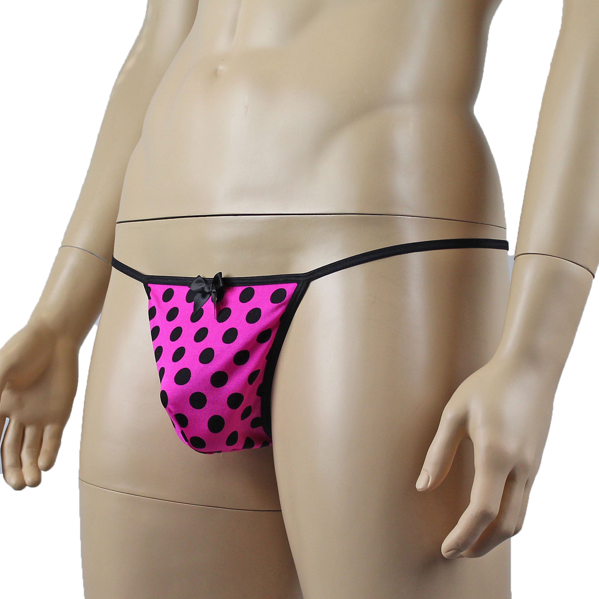Mens Pink with Black Polka Dot Sexy V Back Pouch G string with Bow