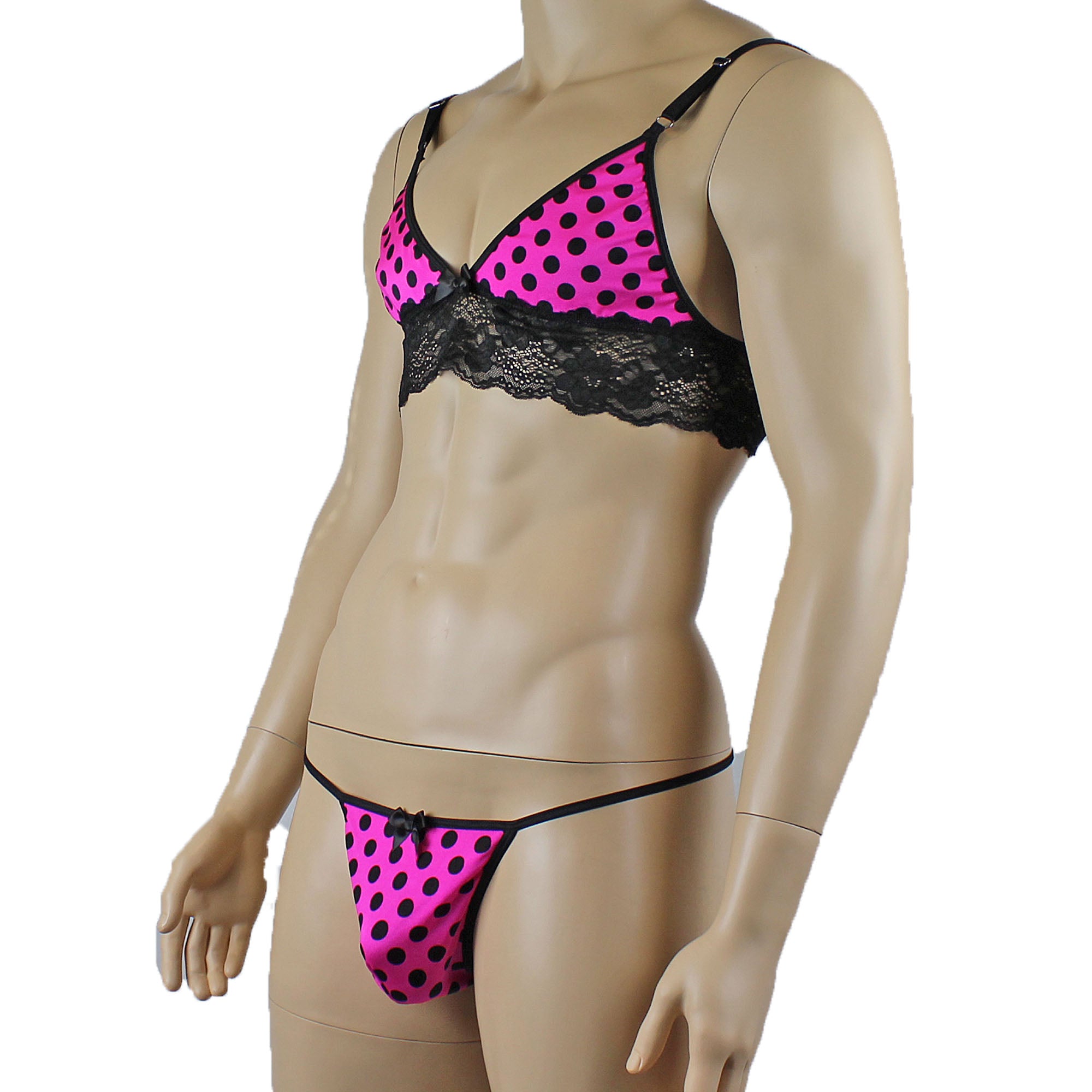 Mens Pink Polka Dot Hot Pink Lace Bra Top with Matching Polka G string