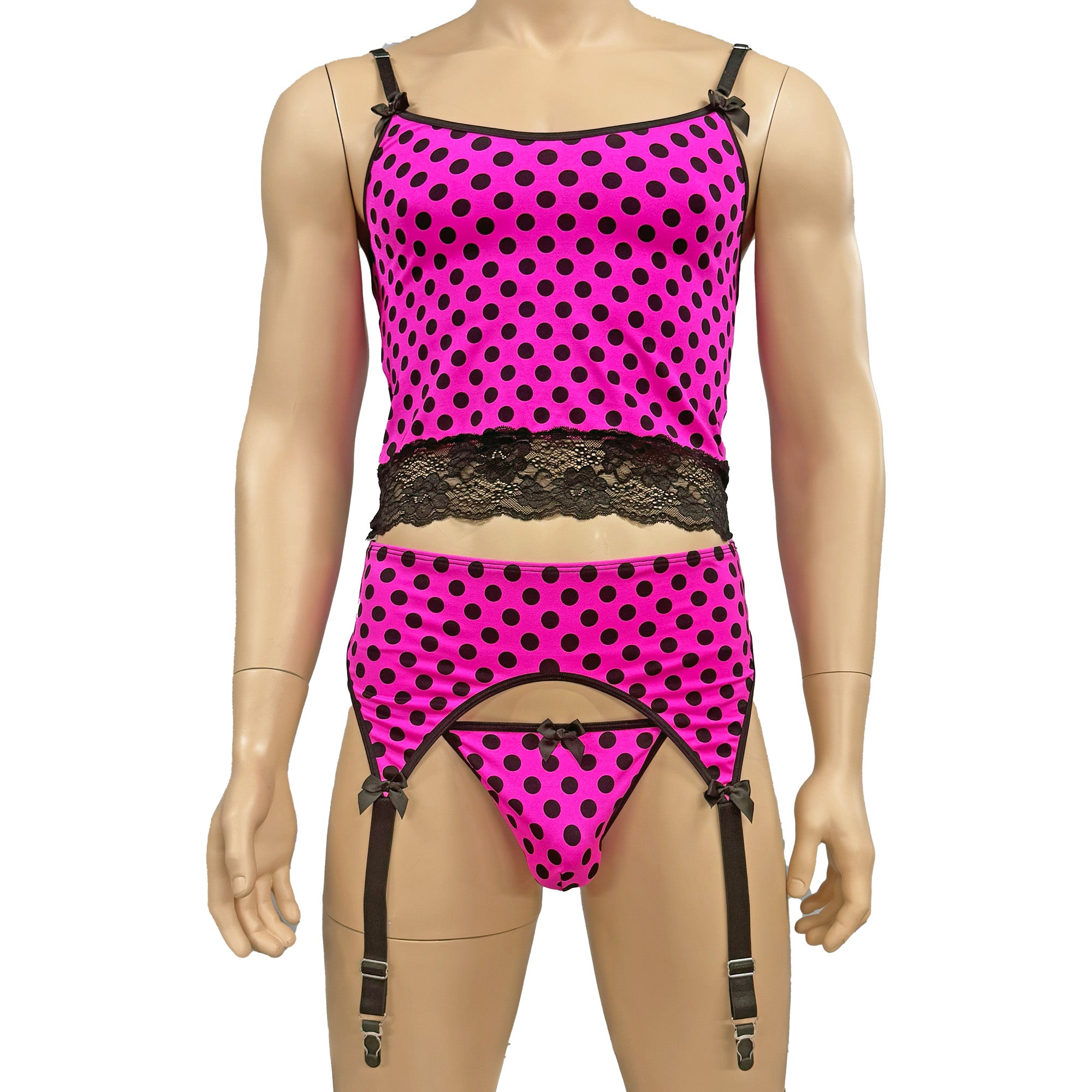 Mens Hot Pink Polka Dot with Black Lace Camisole Top with G string & Garterbelt