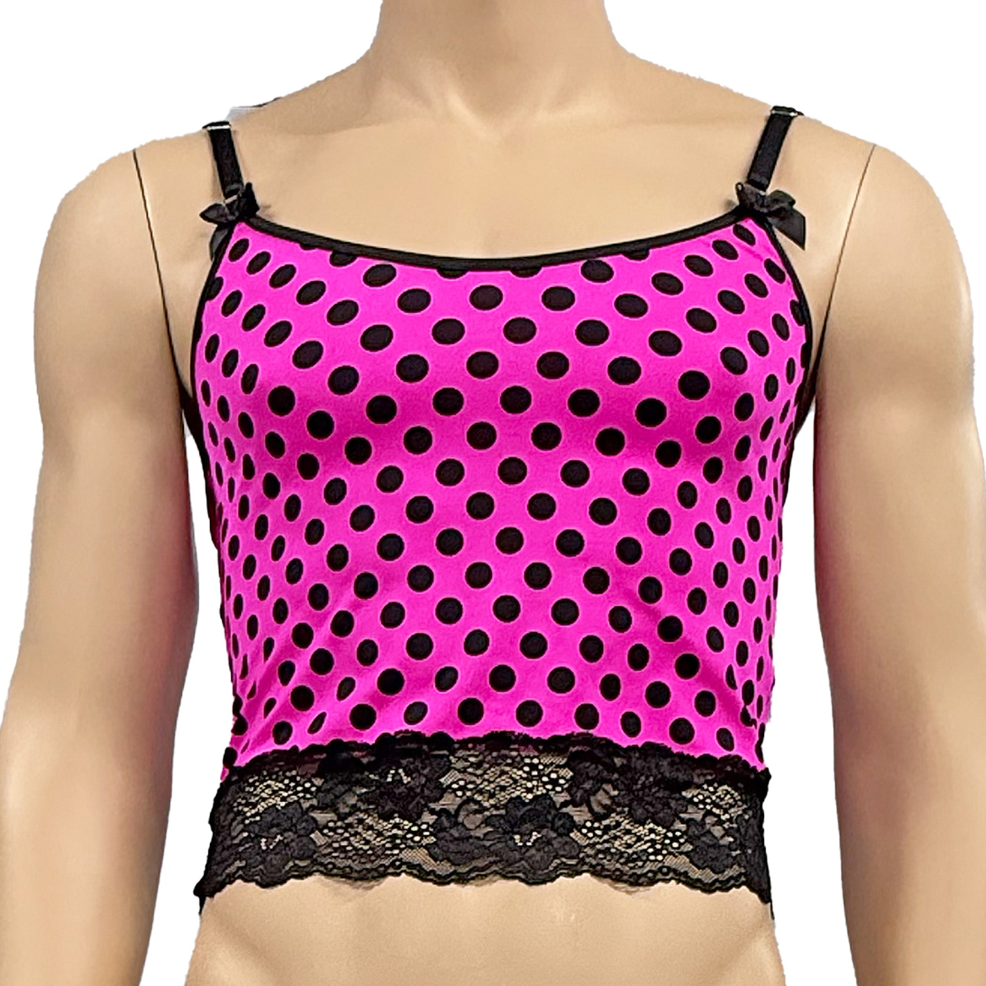 Mens Hot Pink Polka Dot Spandex & Lace Camisole Top