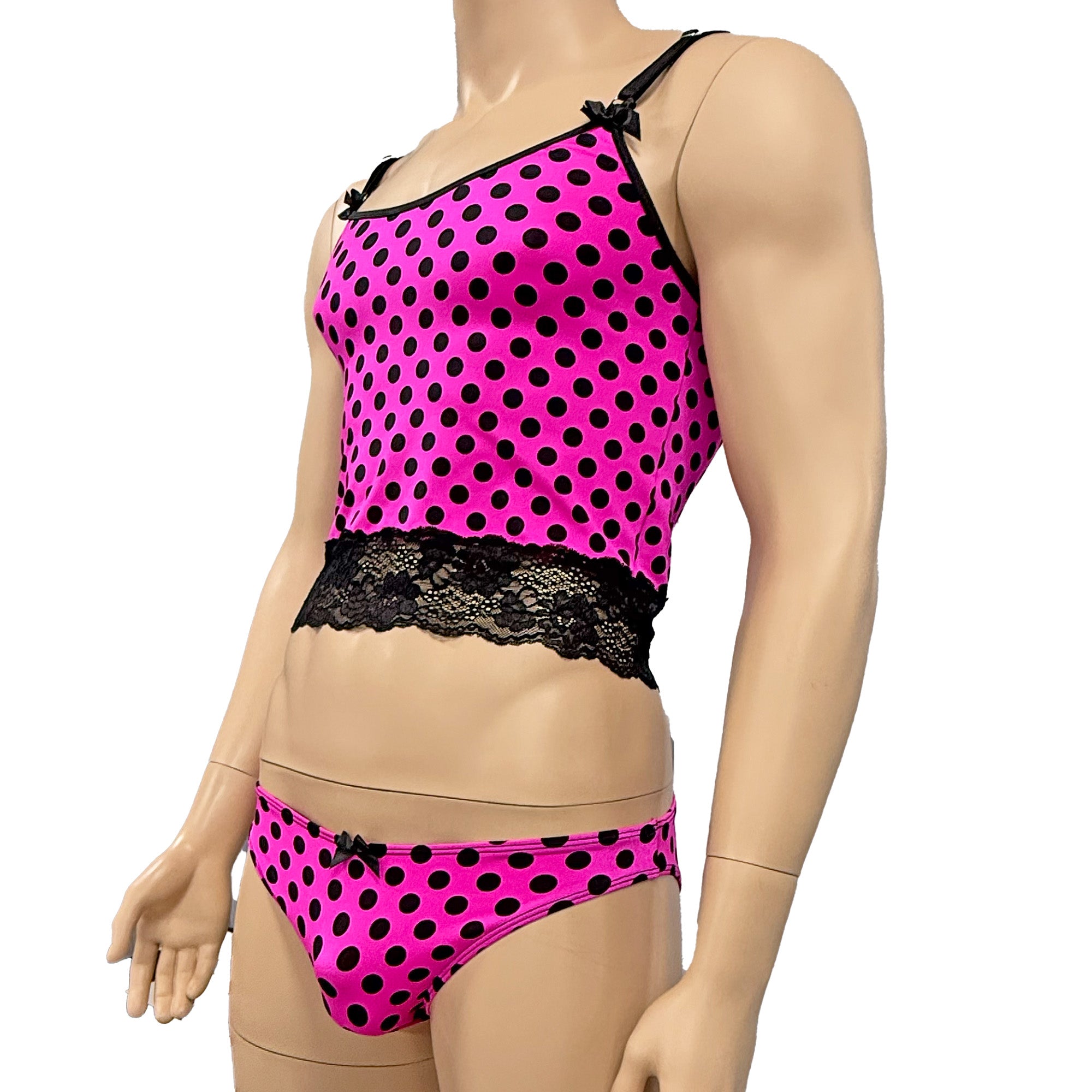 Mens Hot Pink Polka Dot & Lace Camisole Top & Seamless Bikini Brief