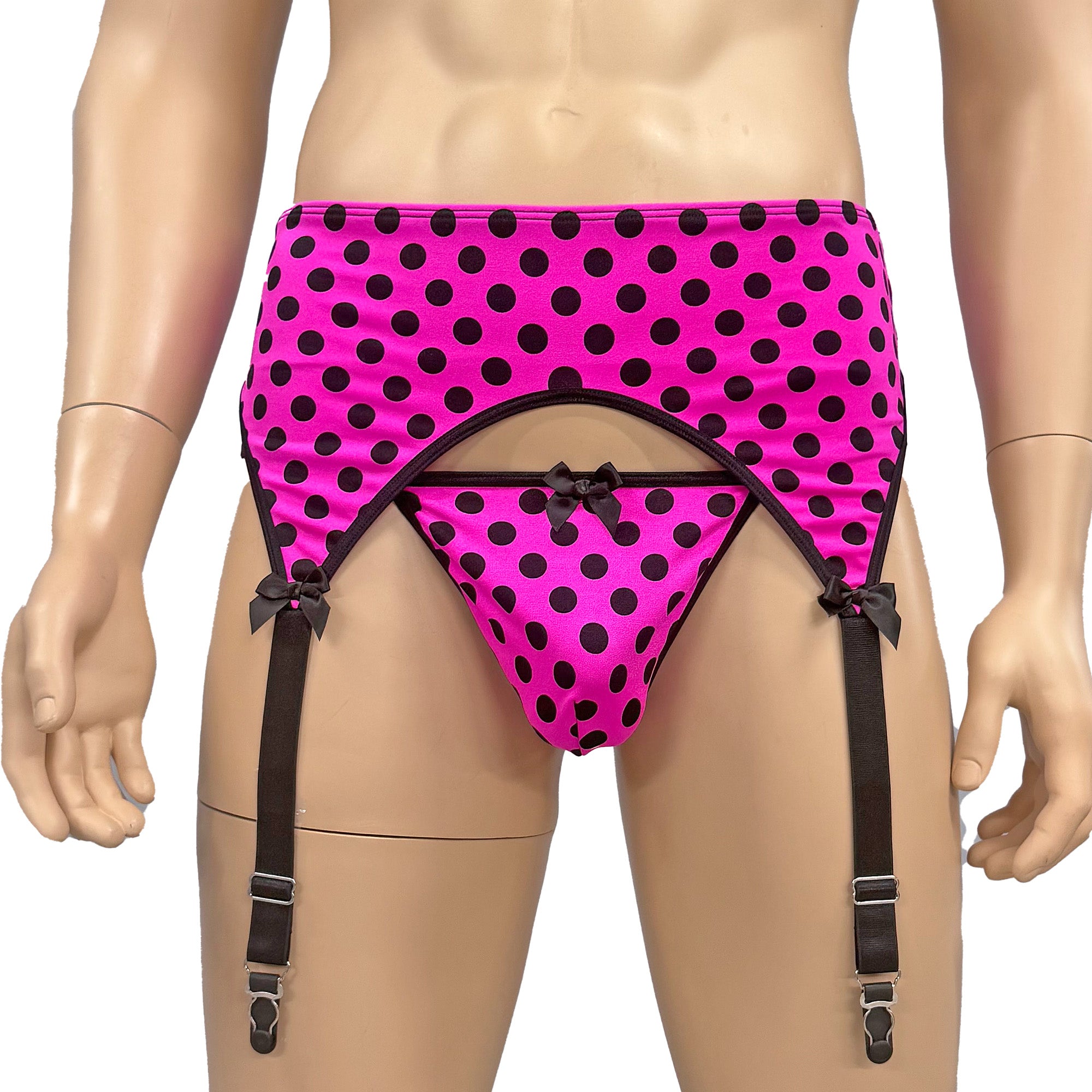 Mens Hot Pink Polka Dot & Lace Bra Top with G string & Garterbelt