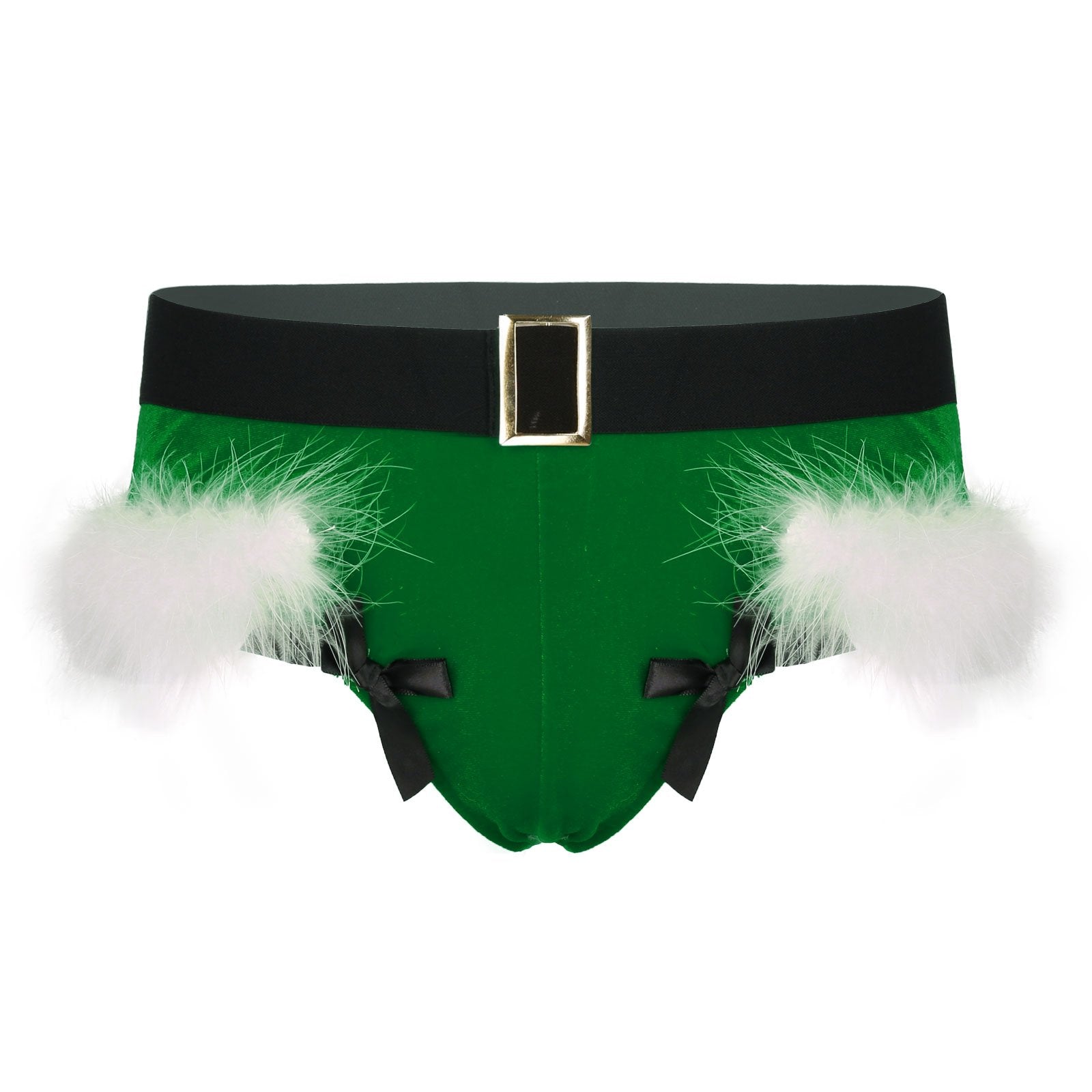 JCSTK - XMAS GIFT - Mens Sissy Christmas Velvet Santa Briefs with Feather Trim Green & White