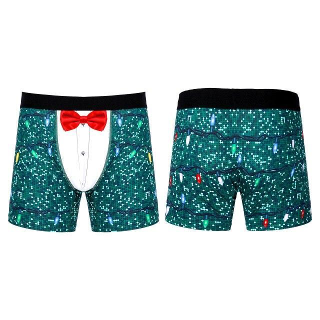 JCSTK - XMAS GIFT - Mens Christmas or Fun Party Time Boxer Briefs in a Gliiter & Bow Tie Print Green and White