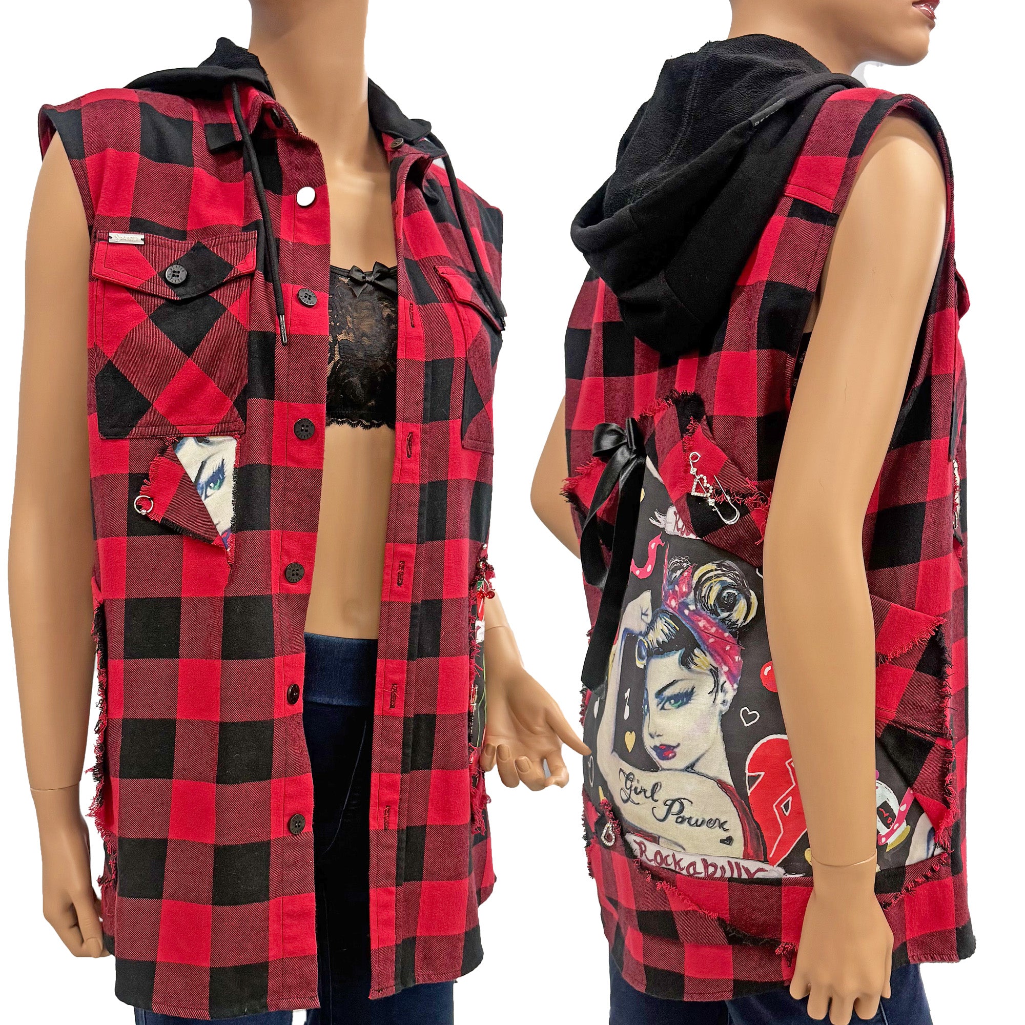 Rocky Re-Designed Plaid Unisex Top Vest Jacket with Inserts and Distressed Look