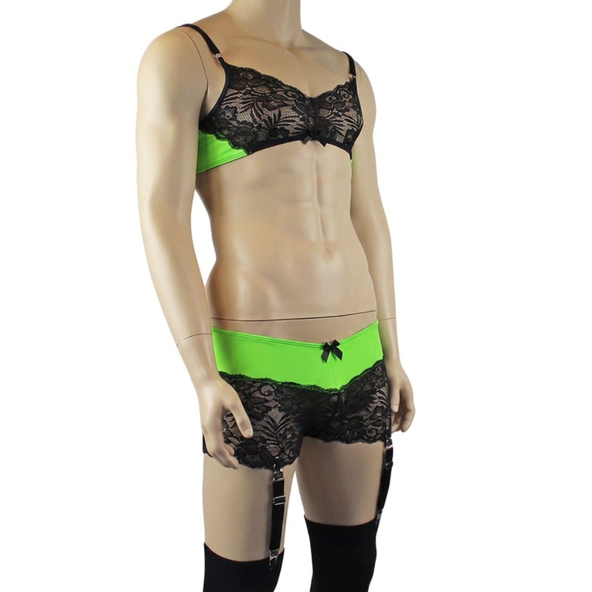Mens Risque Bra Top, Boxer Briefs with Detachable Garters & Stockings Neon Green & Black Lace
