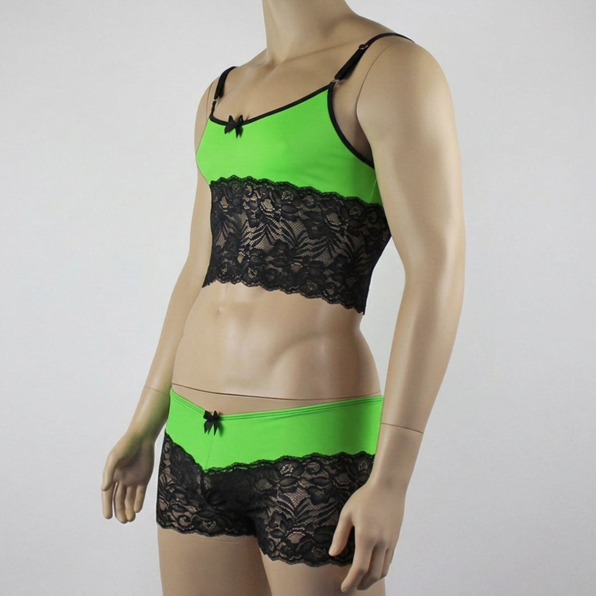 Mens Risque Camisole Top Boxer Briefs Neon Green and Black Lace