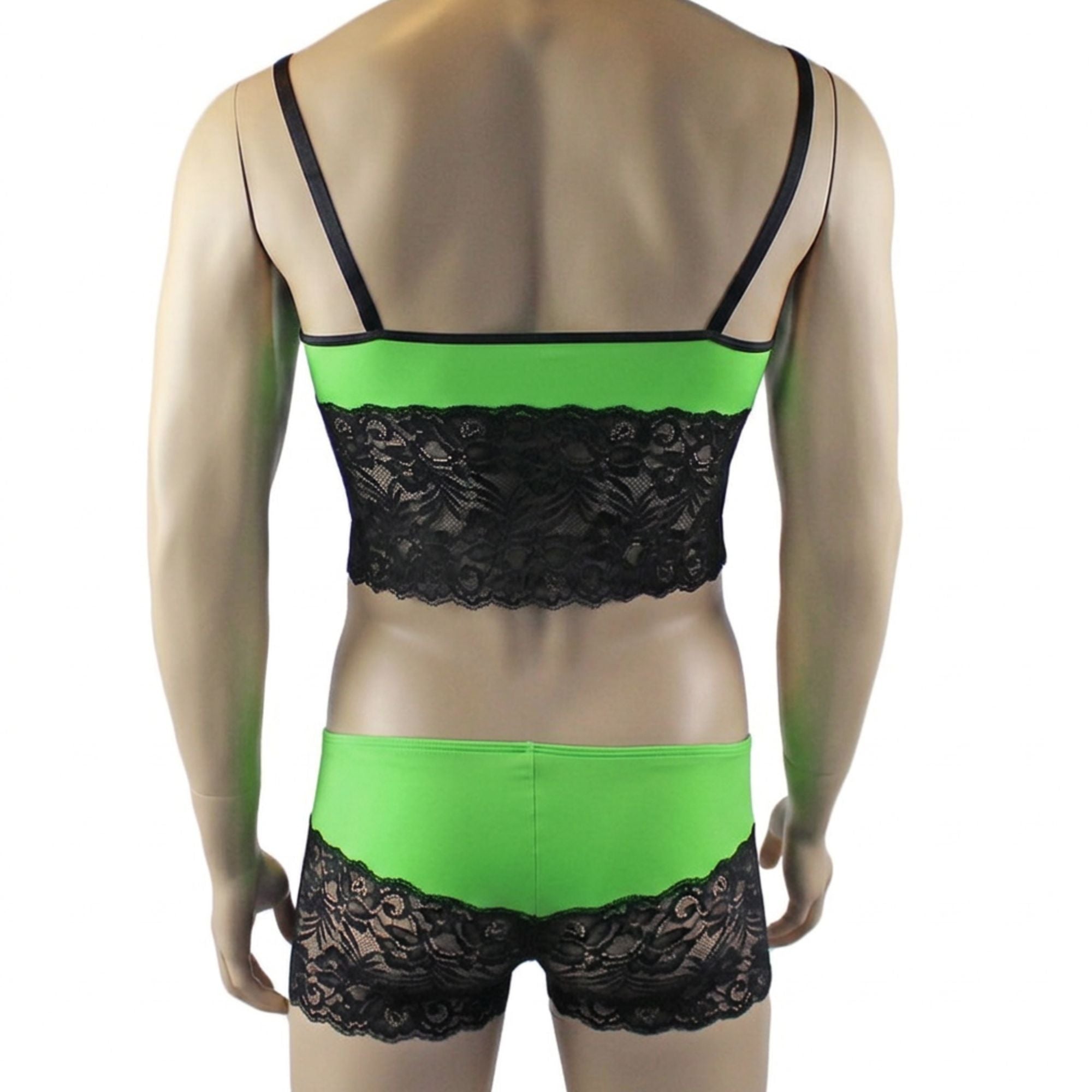 Mens Risque Camisole Top Boxer Briefs Neon Green and Black Lace