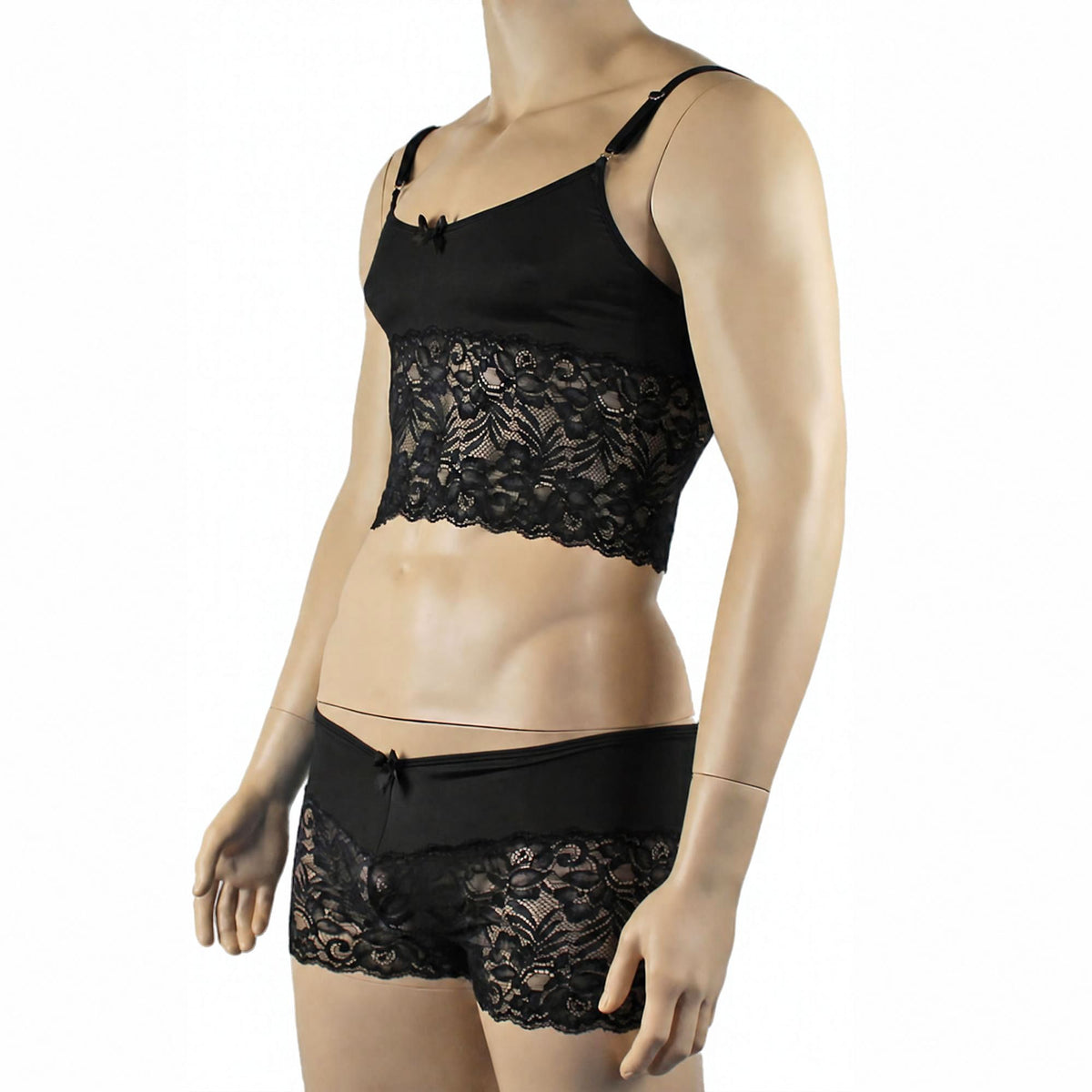 Mens Risque Camisole Top Boxer Briefs Neon Black & Black Lace