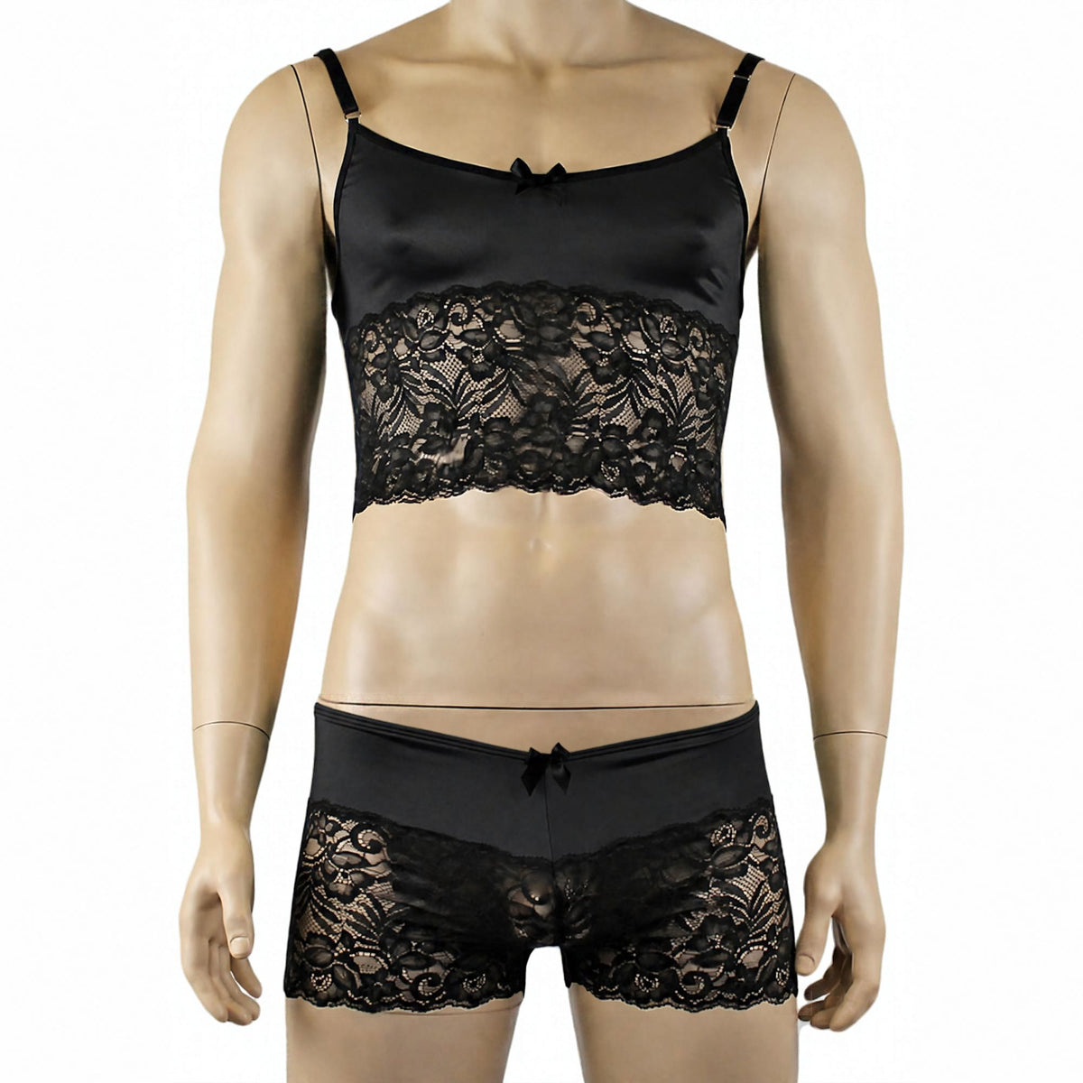 Mens Risque Camisole Top Boxer Briefs Neon Black & Black Lace