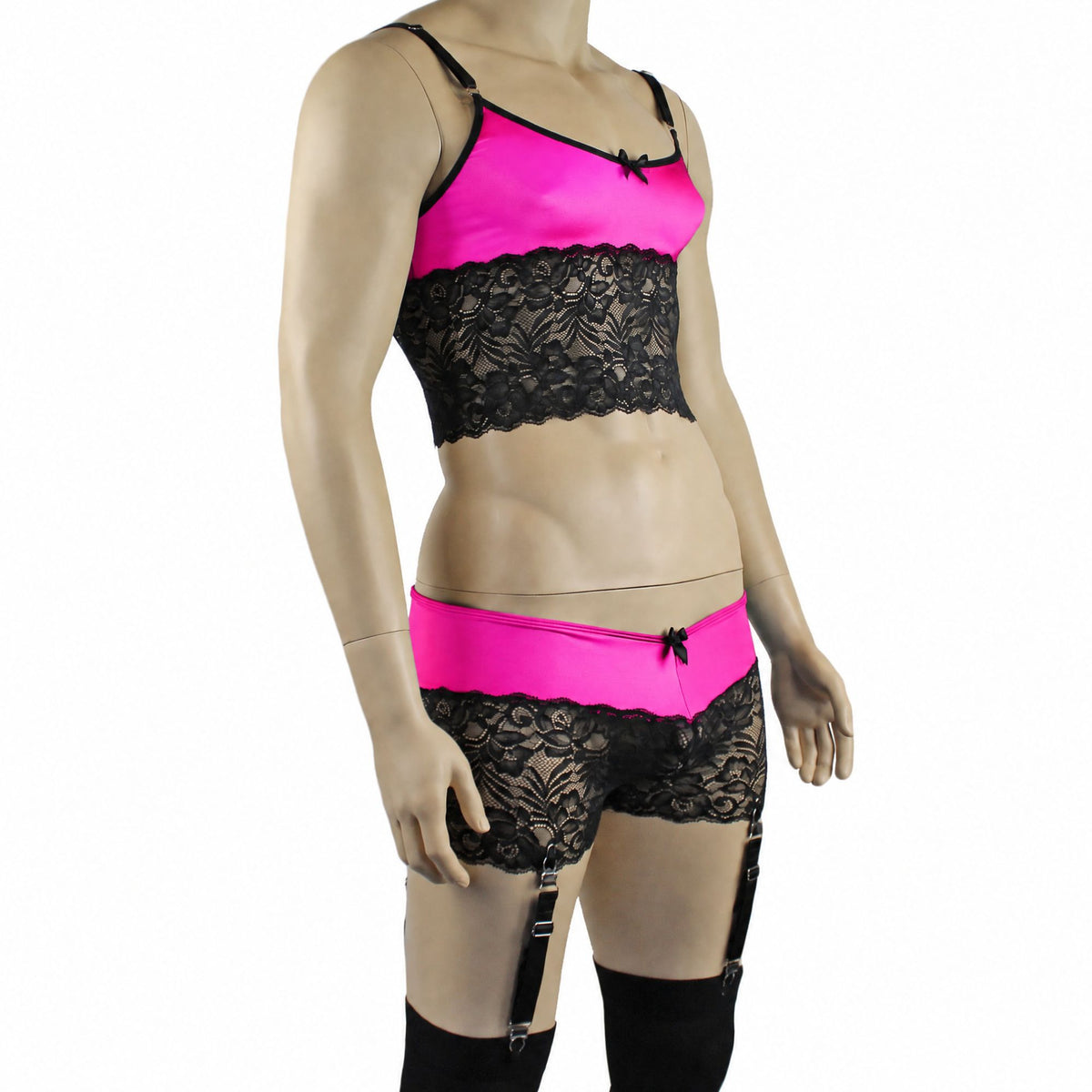 Mens Risque Camisole Top Boxer Briefs with Garters Neon Pink & Black Lace