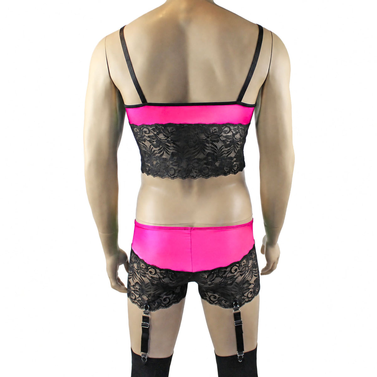 Mens Risque Camisole Top Boxer Briefs with Garters Neon Pink & Black Lace