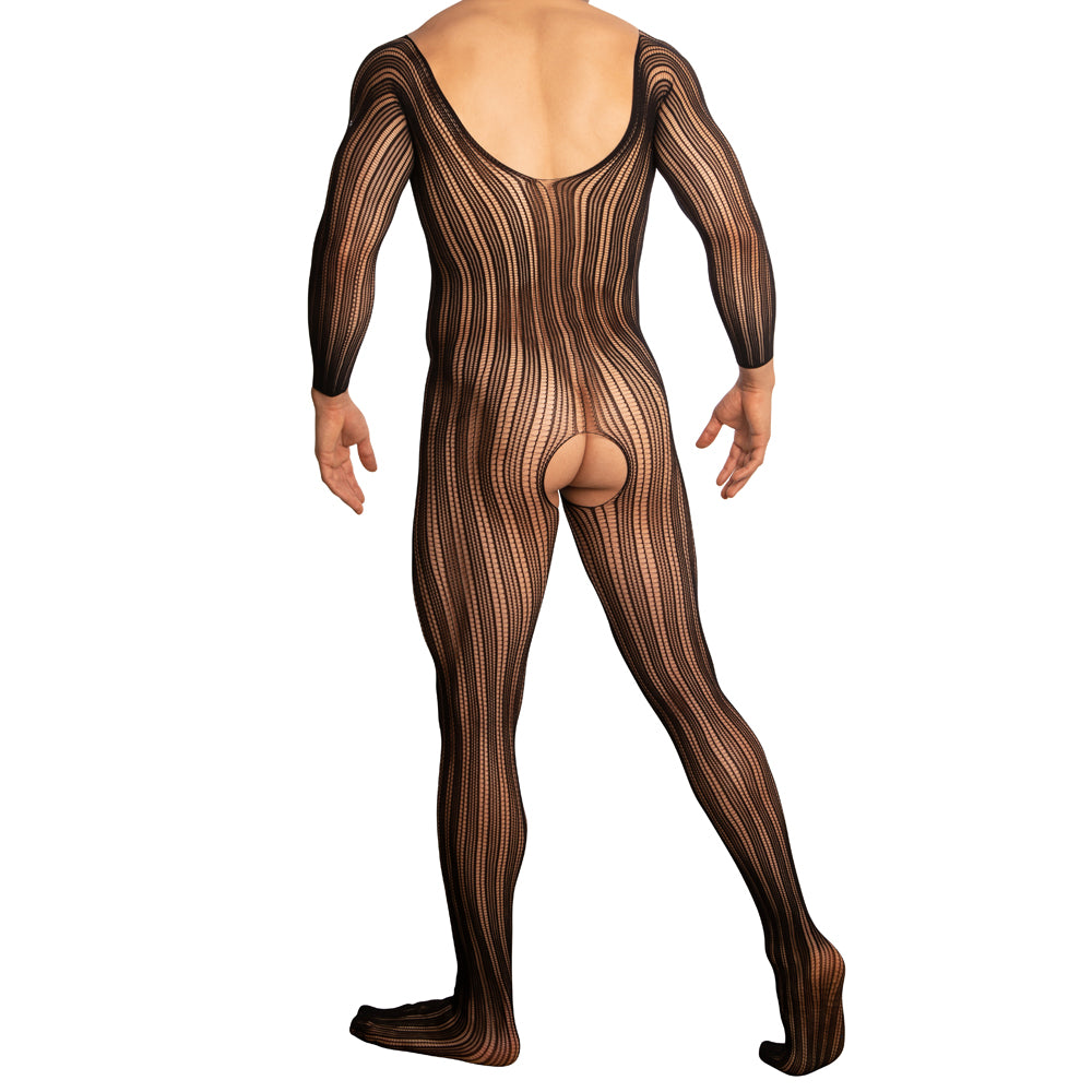 JCSTK - Unisex OY-MP162 Stretch Pinstripe Fishnet Bodystocking with Sleeves Black