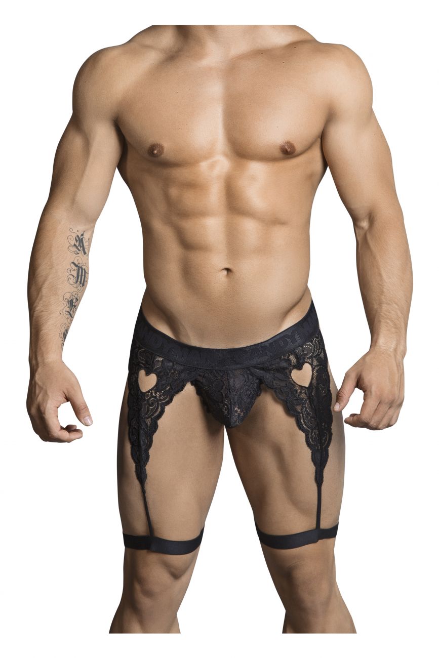 CandyMan 99310 Thong with Attached Garters Black