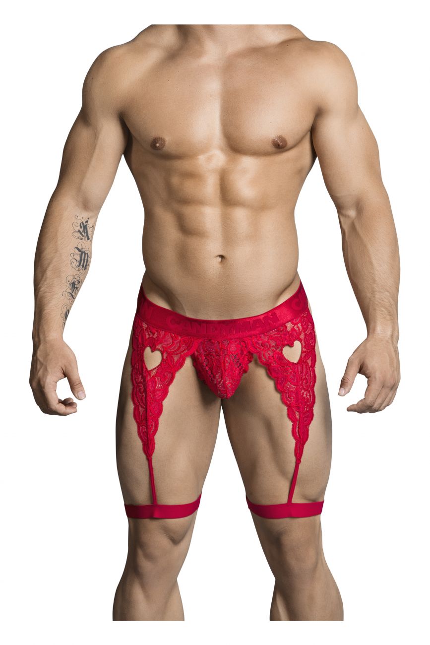 CandyMan 99310 Thong with Attached Garters Red
