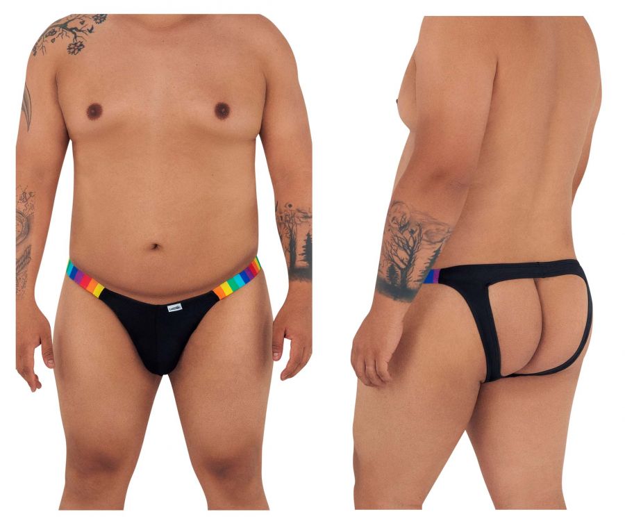 CandyMan 99536X Bikini Jockstrap Black Rainbow Stripes Plus Sizes