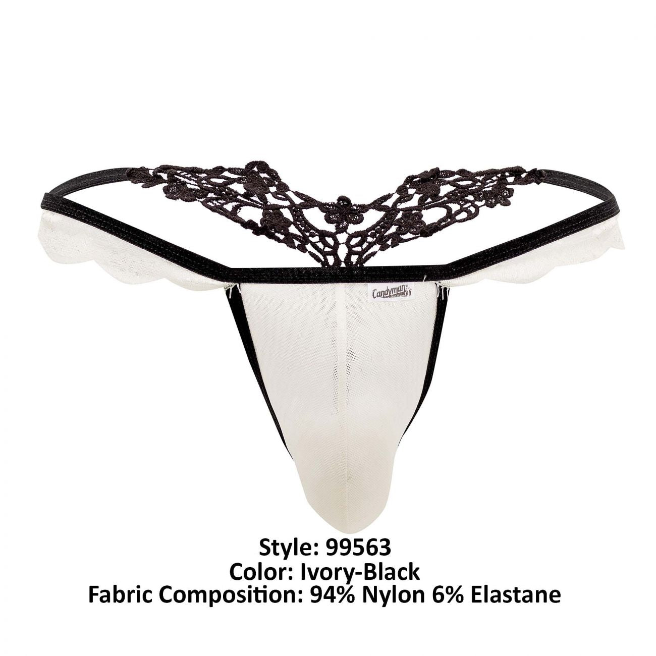 CandyMan 99563 Mesh-Lace G-String Ivory and Black