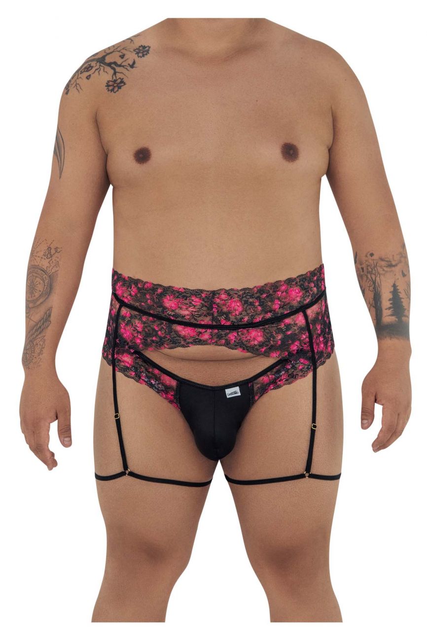 CandyMan 99576X Lace Garter Thongs Black Print Plus Sizes