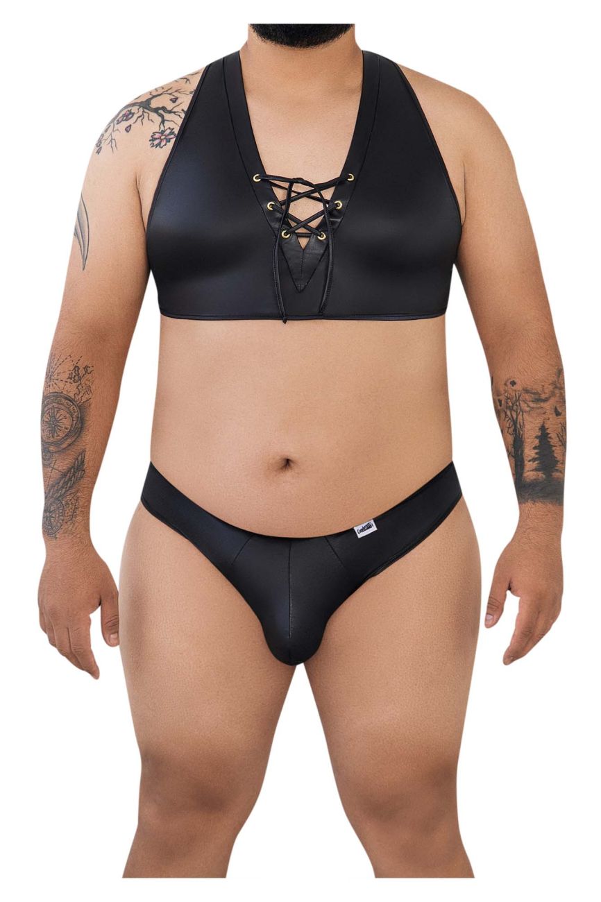 CandyMan 99628X Criss-Cross Top and Brief Set Black Plus Sizes