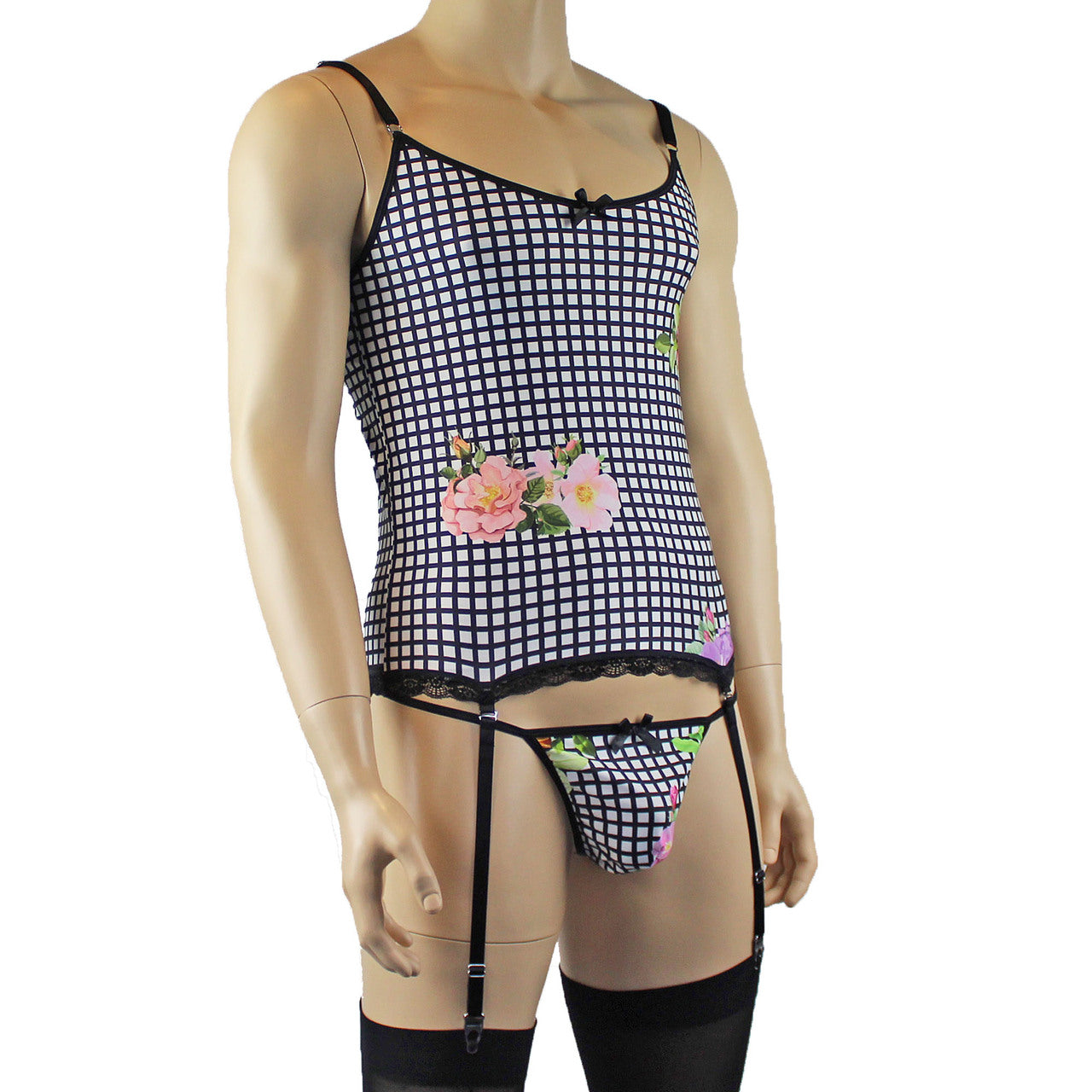 Mens Diana Camisole Corset Top & G string in a Pretty Flower Checkered Spandex