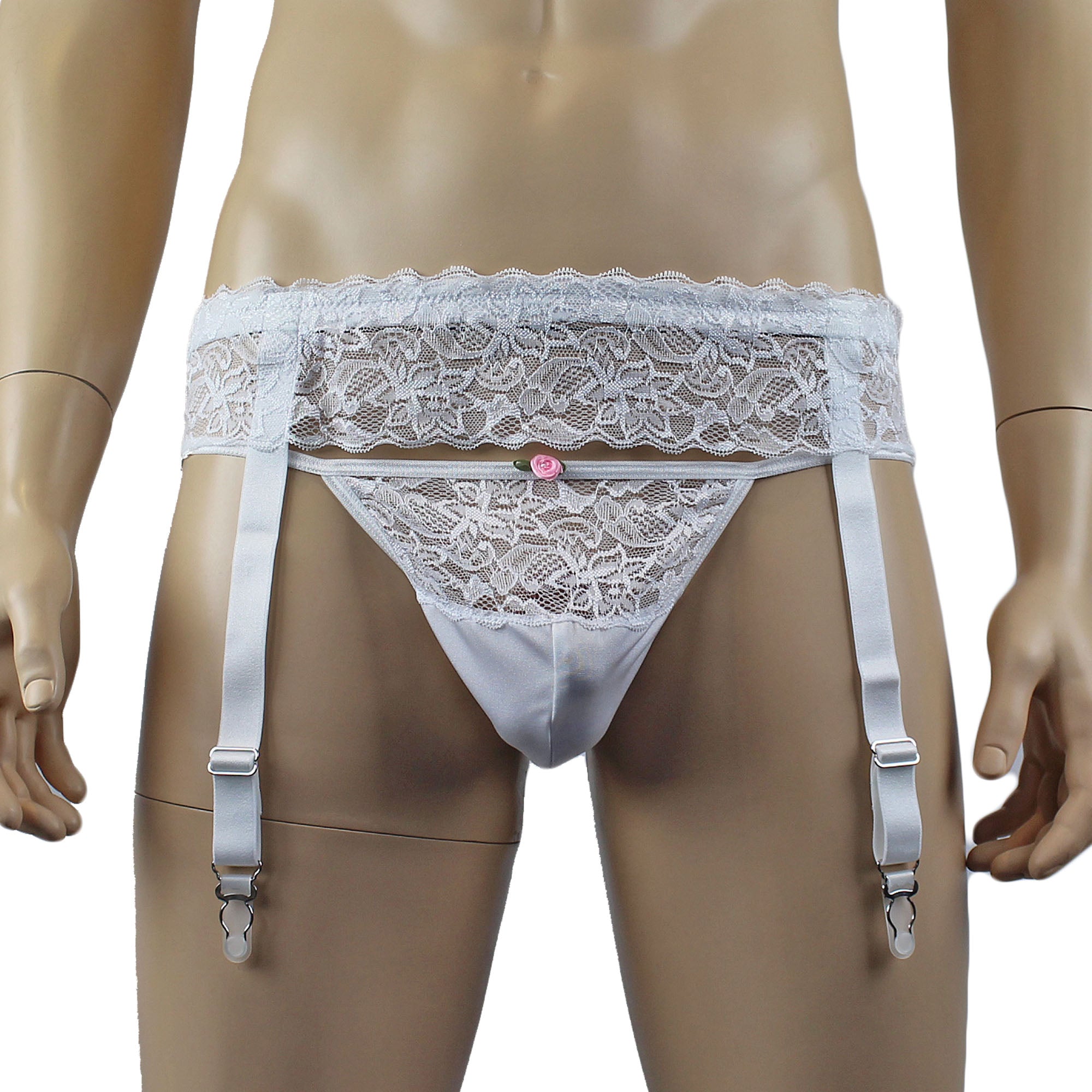 Male Penny Lingerie Bra Top with V Lace front, G string & Garterbelt White