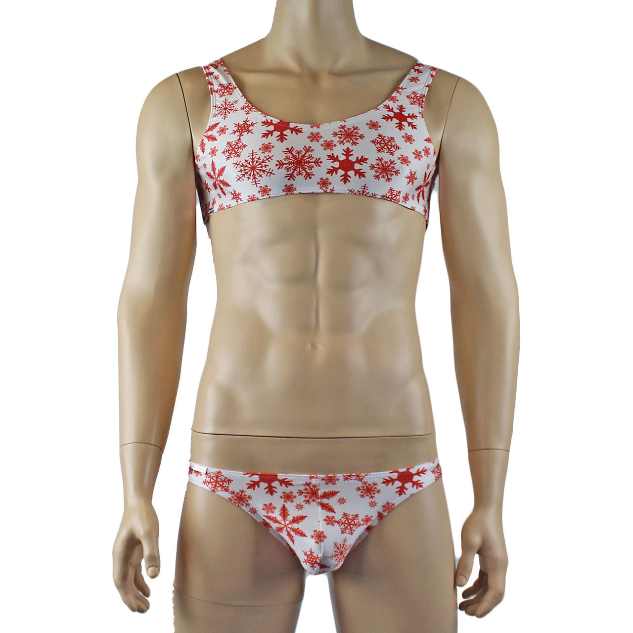 Mens Christmas Snowflake Bra Top & Low Cut Bikini Brief Red and White