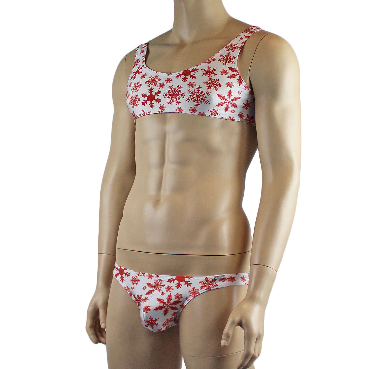 Mens Christmas Snowflake Bra Top & Low Cut Bikini Brief Red and White