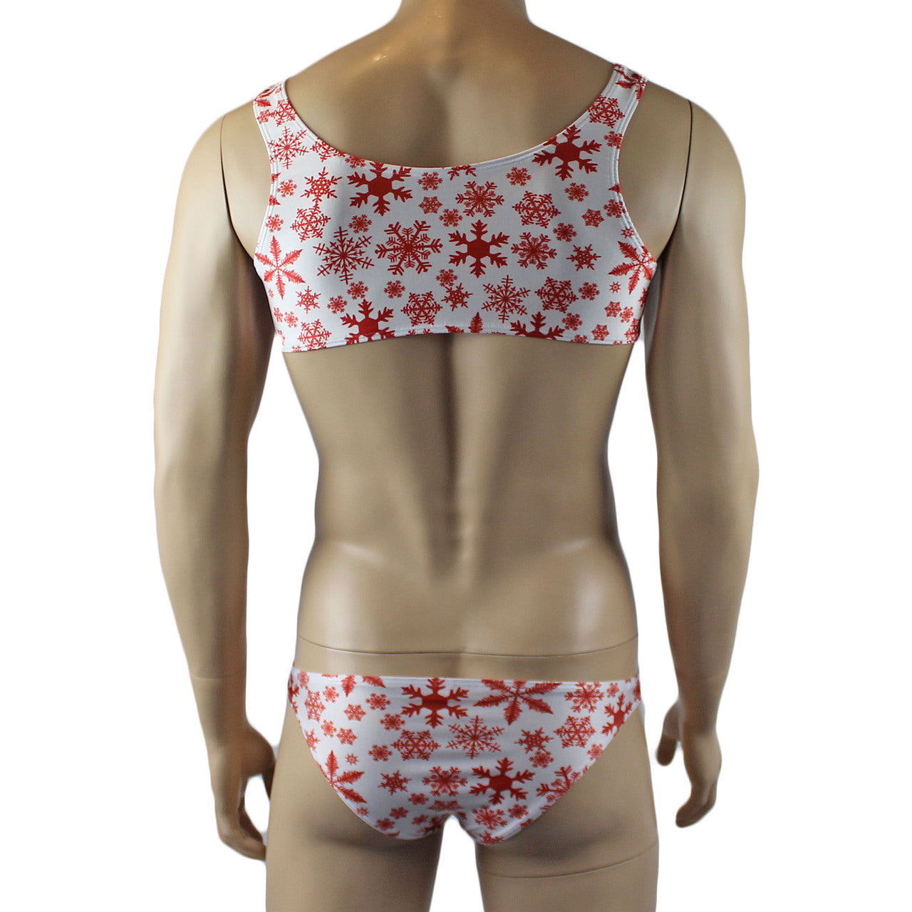 Mens Christmas Snowflake Bra Top & Low Cut Bikini Brief Red and White