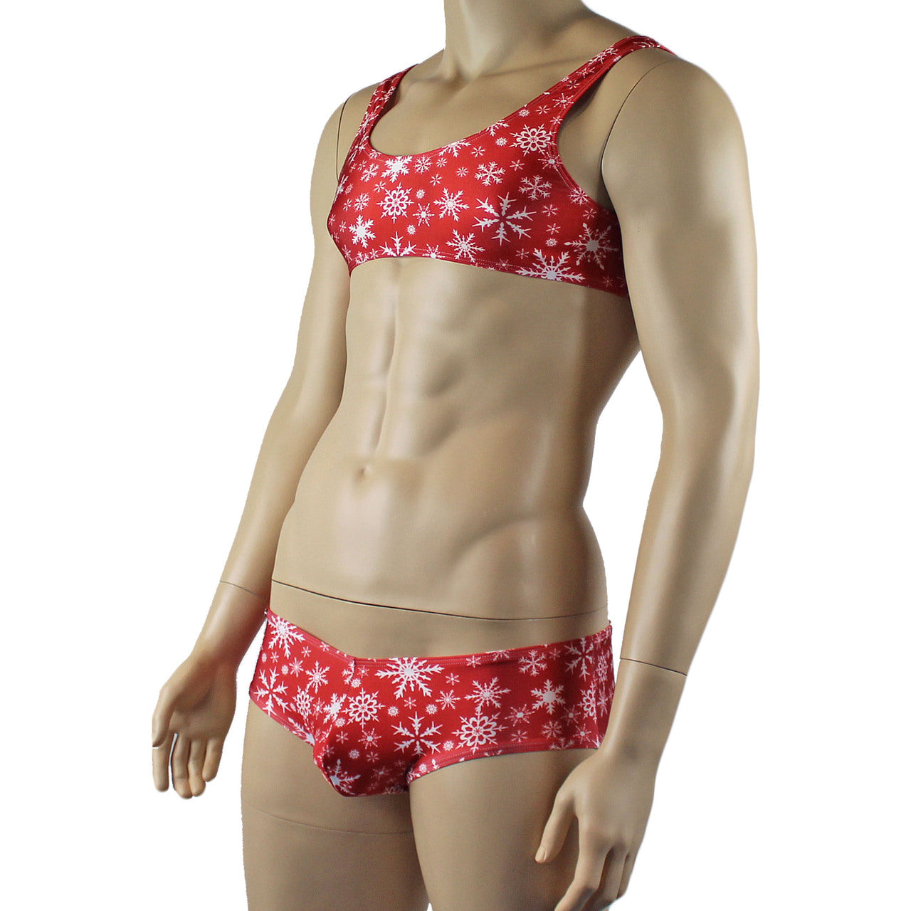 Mens Christmas Snowflake Bra Top & Low Rise Boxer Brief Red and White