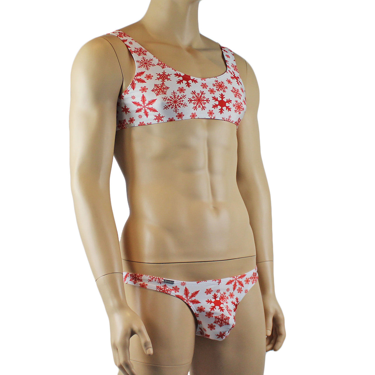 Mens Christmas Snowflake Bra Top & Low Cut Thong White and Red