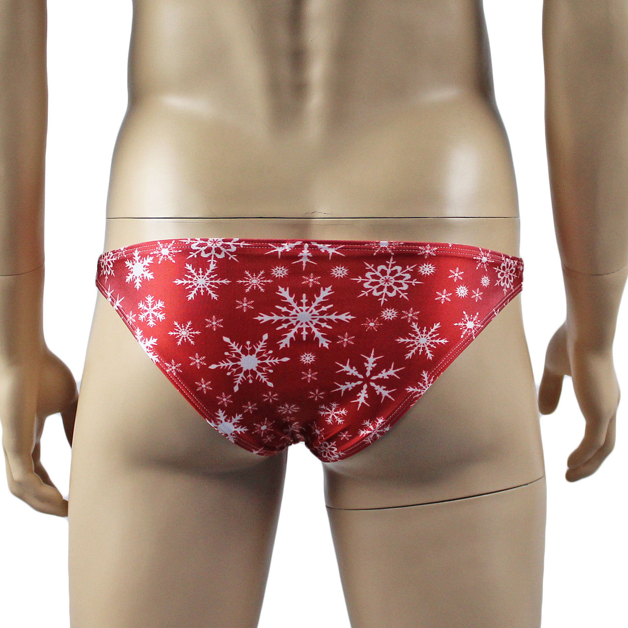 Mens Christmas Snowflake spandex Low Cut Brief with Sexy Back Red and White