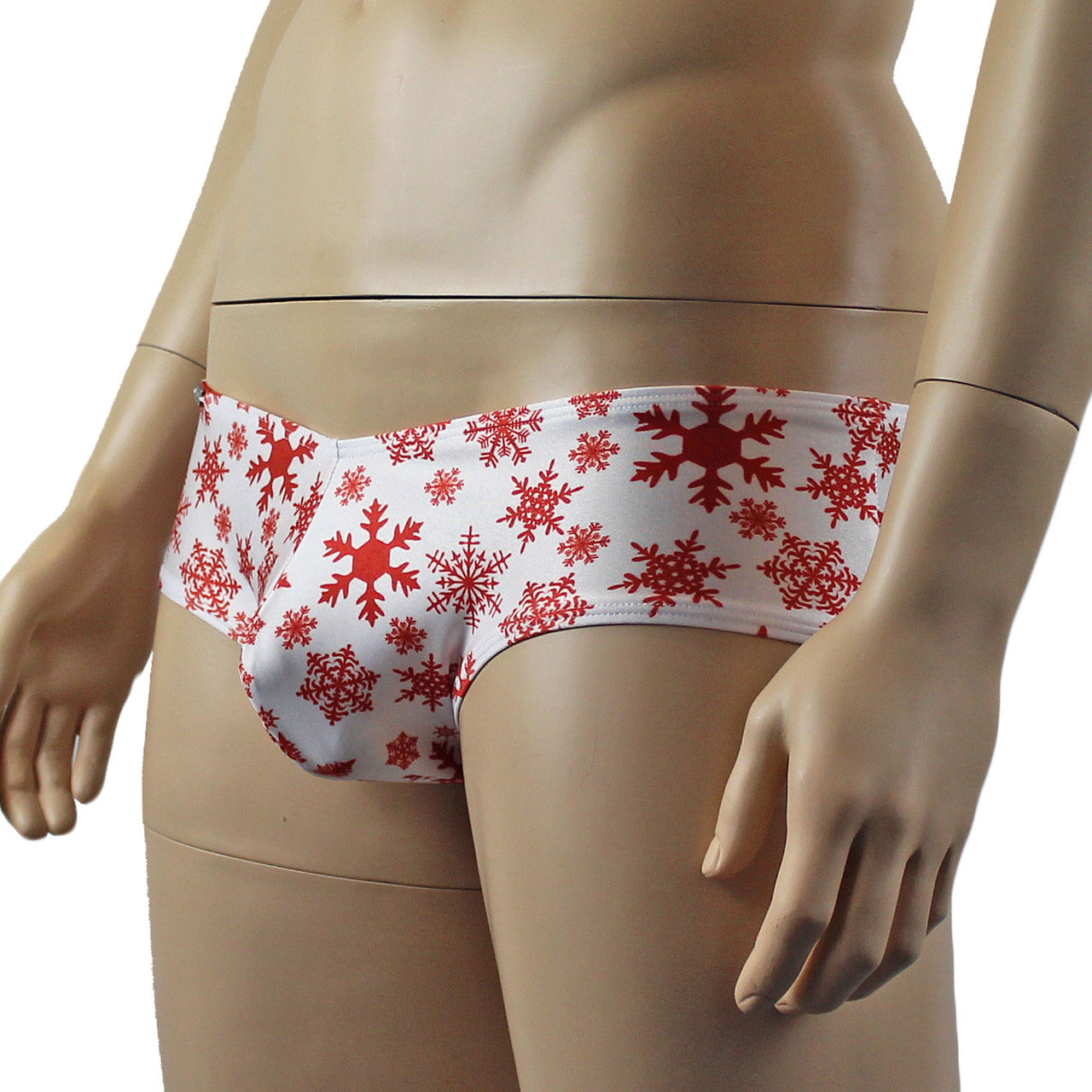 Mens Christmas Snowflake Print Spandex Low Cut Boxer Brief White and Red