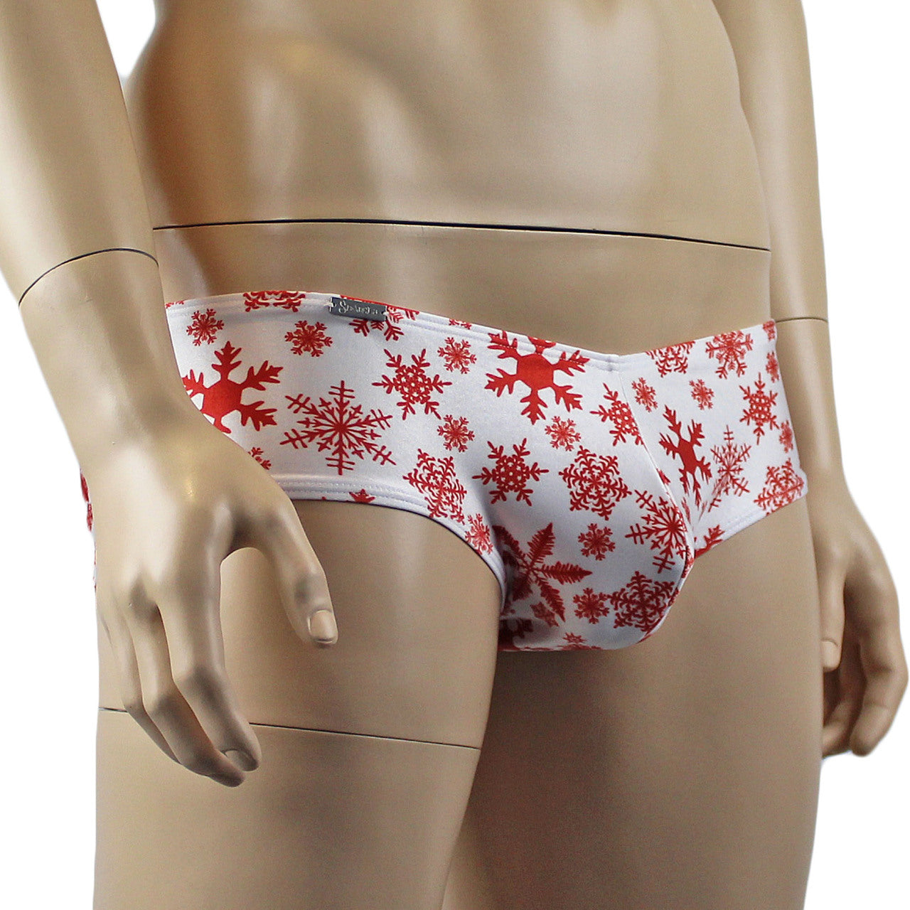 Mens Christmas Snowflake Print Spandex Low Cut Boxer Brief White and Red
