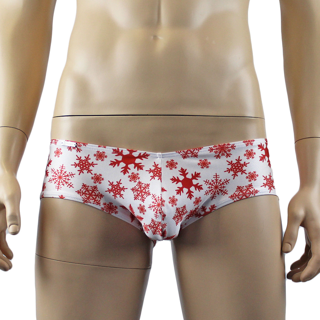 Mens Christmas Snowflake Print Spandex Low Cut Boxer Brief White and Red