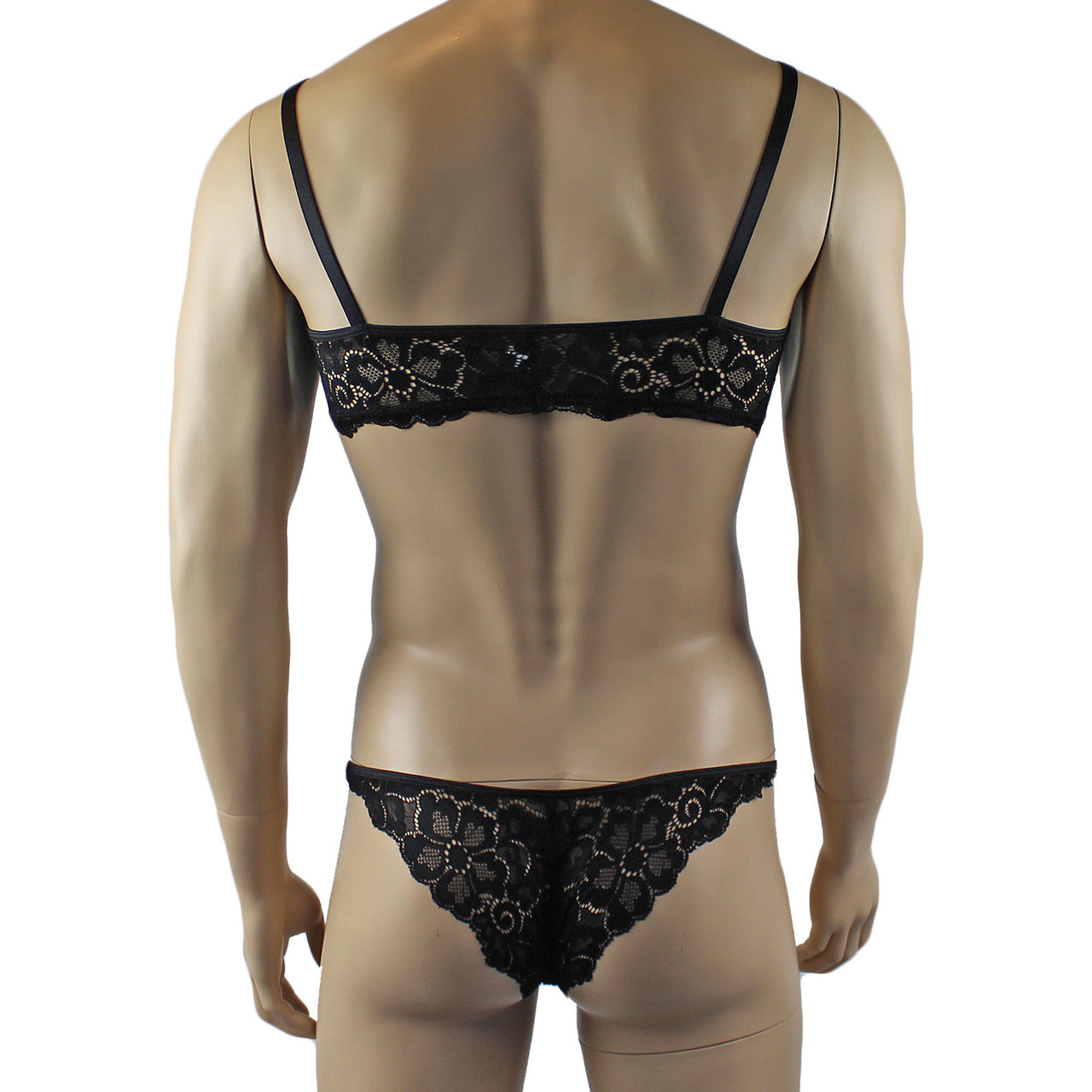 Mens Sweetheart Scalloped Shiny Lace Bra Top and Panty Black