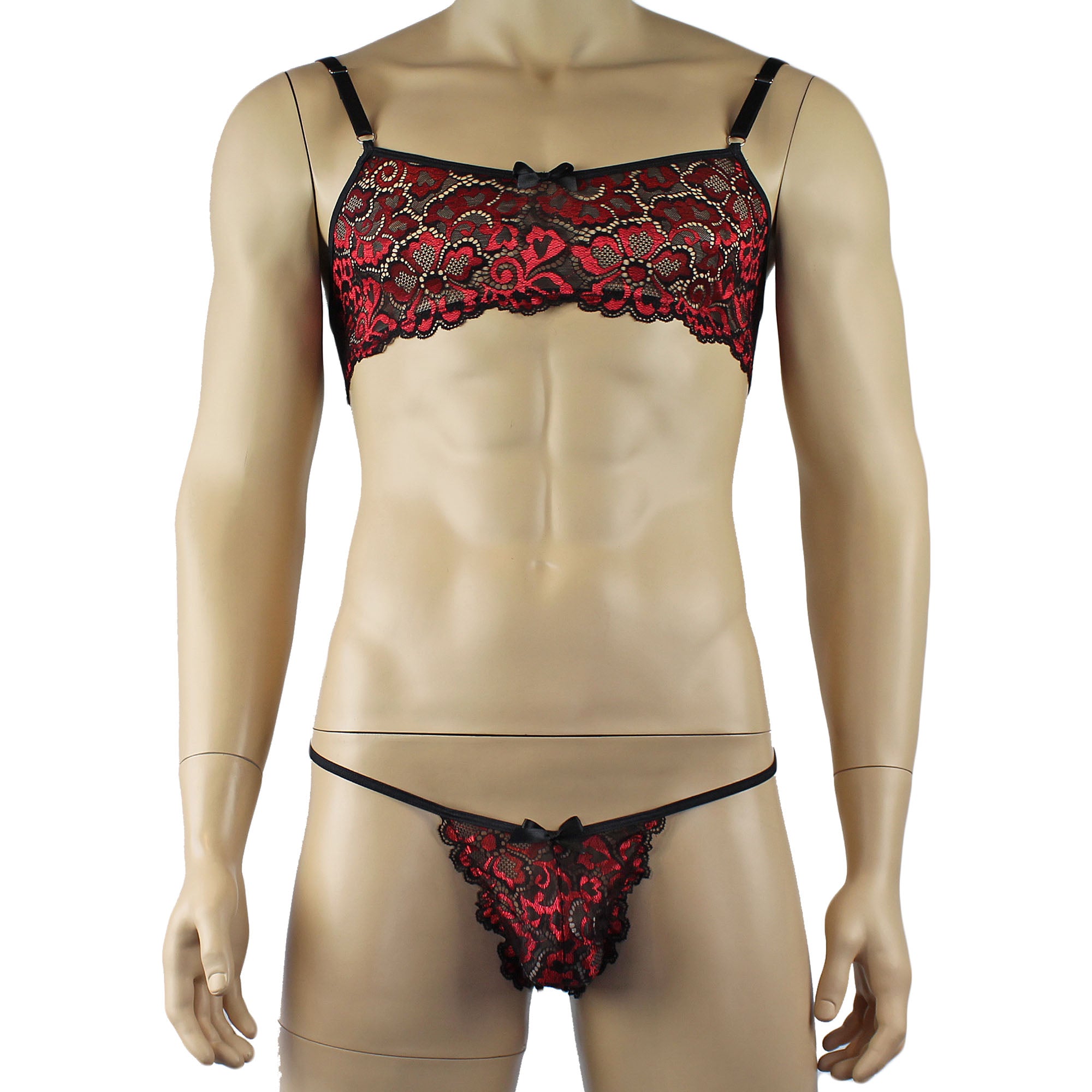 Mens Sweetheart Scalloped Shiny Lace Bra Top and Panty Red